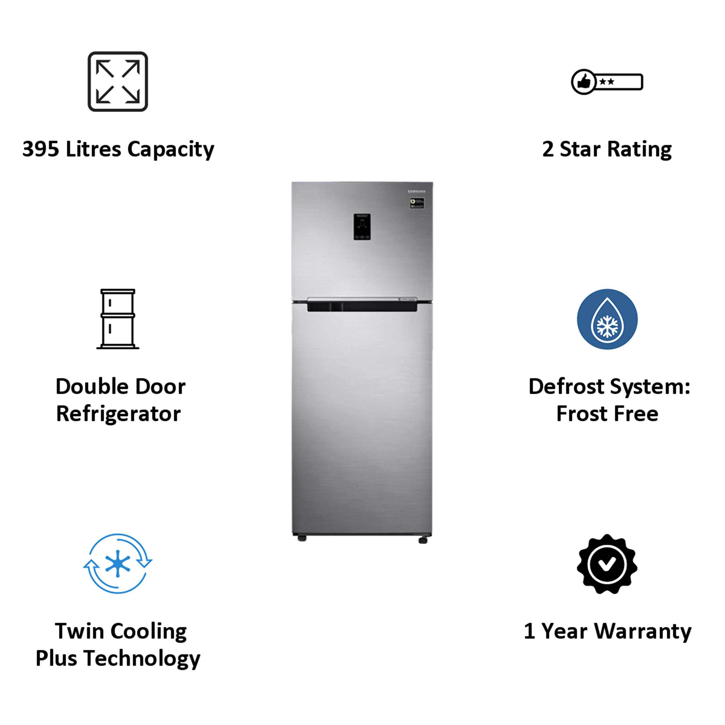 Samsung 394 Litres 2 Star Frost Free Double Door Inverter Refrigerator (RT39M5538S8/TL, Elegant Inox)_4