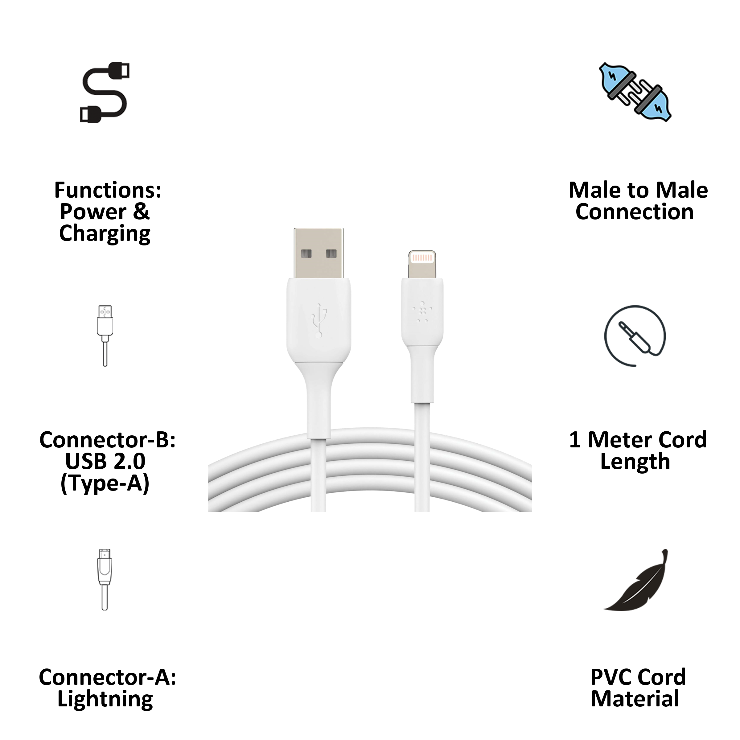 Belkin Boost Charge PVC 1 Meter Lightning to USB 2.0 (Type-A) Power/Charging USB Cable (MFi Certified, CAA001bt1MWH, White)_4