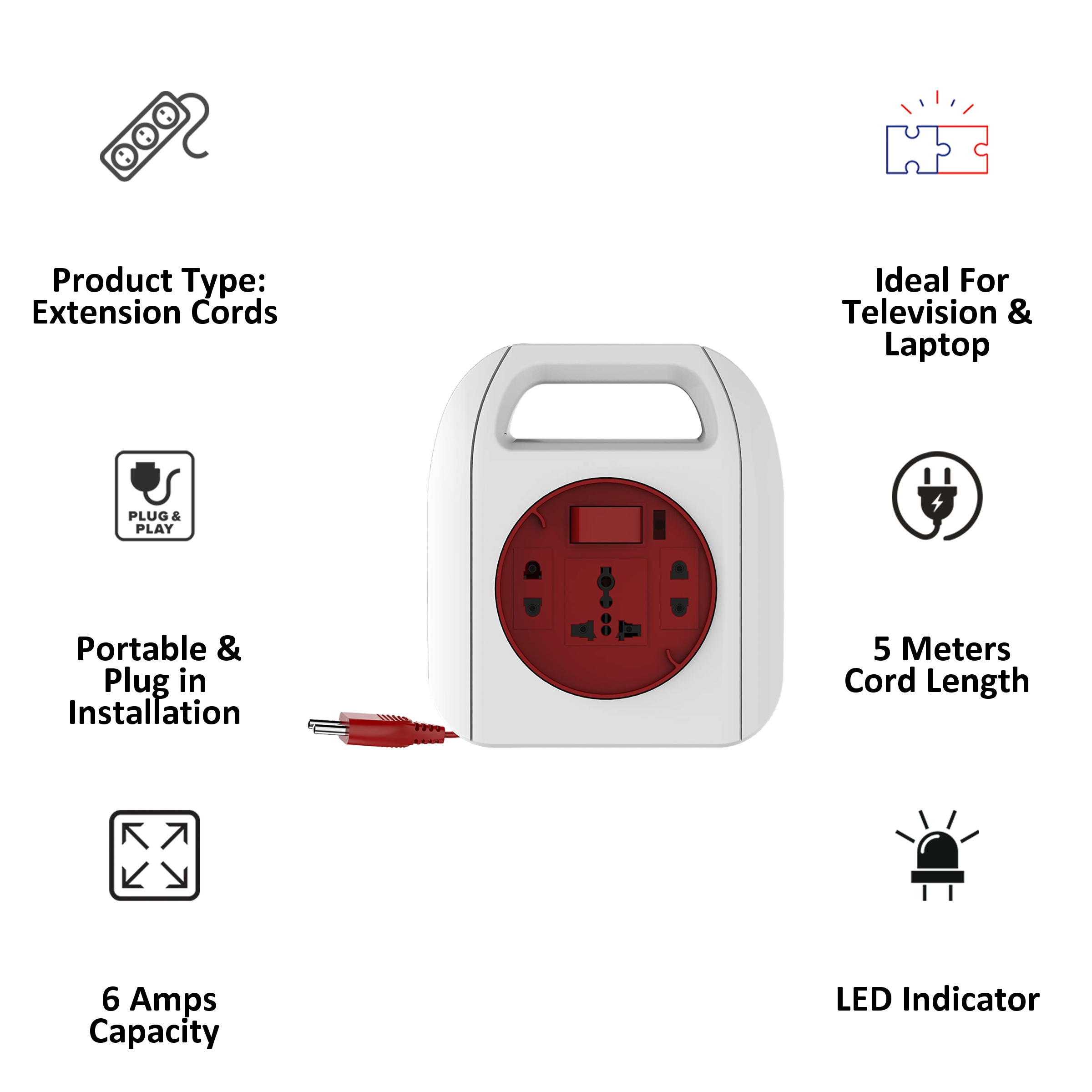 Goldmedal Sliq 6 Amp 3 Sockets Extension Board  (5 Meters, LED Indicator, 205116, White/Red)_4