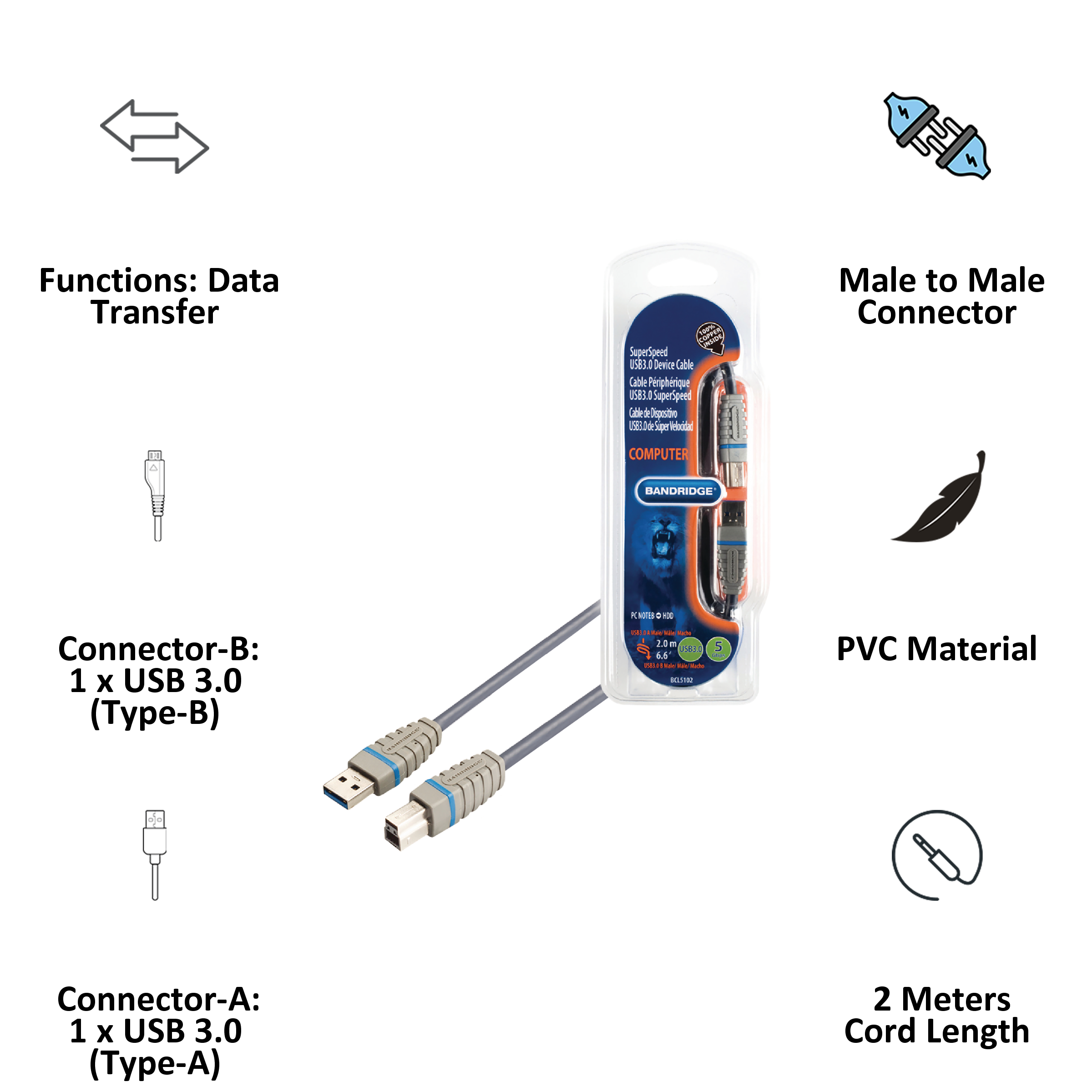 Bandridge BCL5102 PVC 2 Meter USB 3.0 (Type-A) to USB 3.0 (Type-B) Data Transfer USB Cable (Upto 5 Gbps Data Transfer, Blue)_4