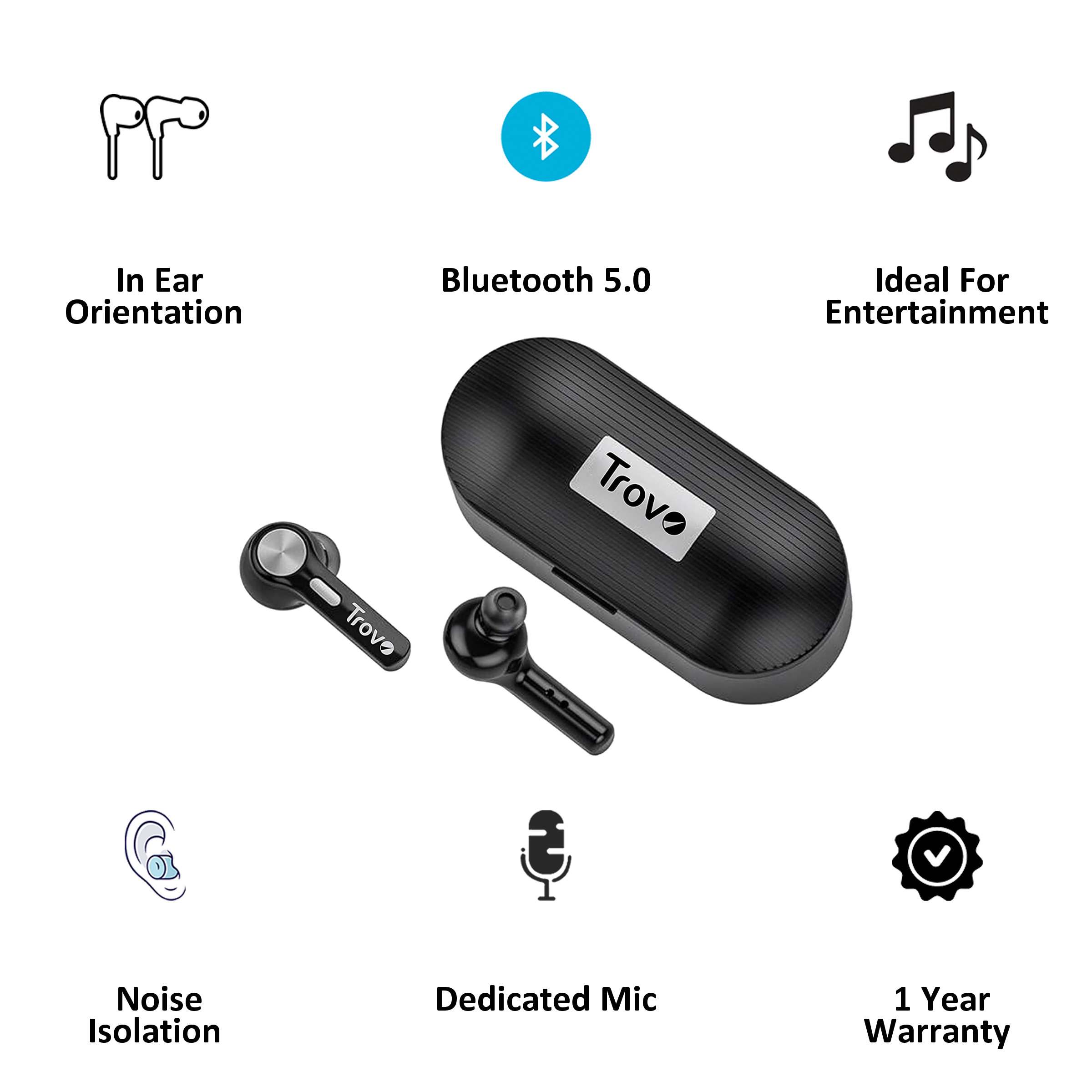 Trovo HD Rendering Technology In-Ear Noise Isolation Truly Wireless Earbuds with Mic (Bluetooth 5.0, Black)_3