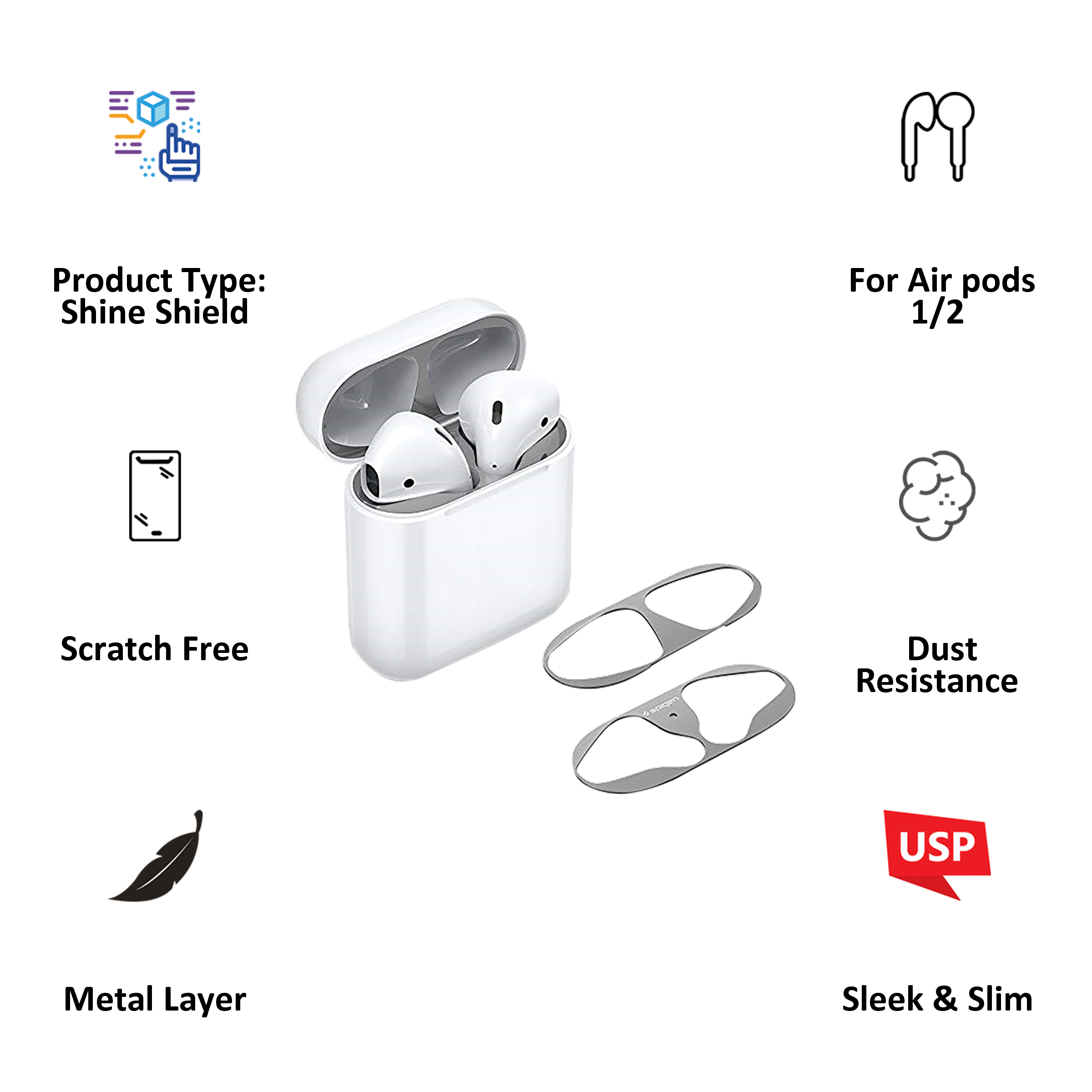 Spigen Metal Sticker Shine Shield For Apple AirPods 1/2 (Metal Layer, ASD00213, Metallic Silver)_2