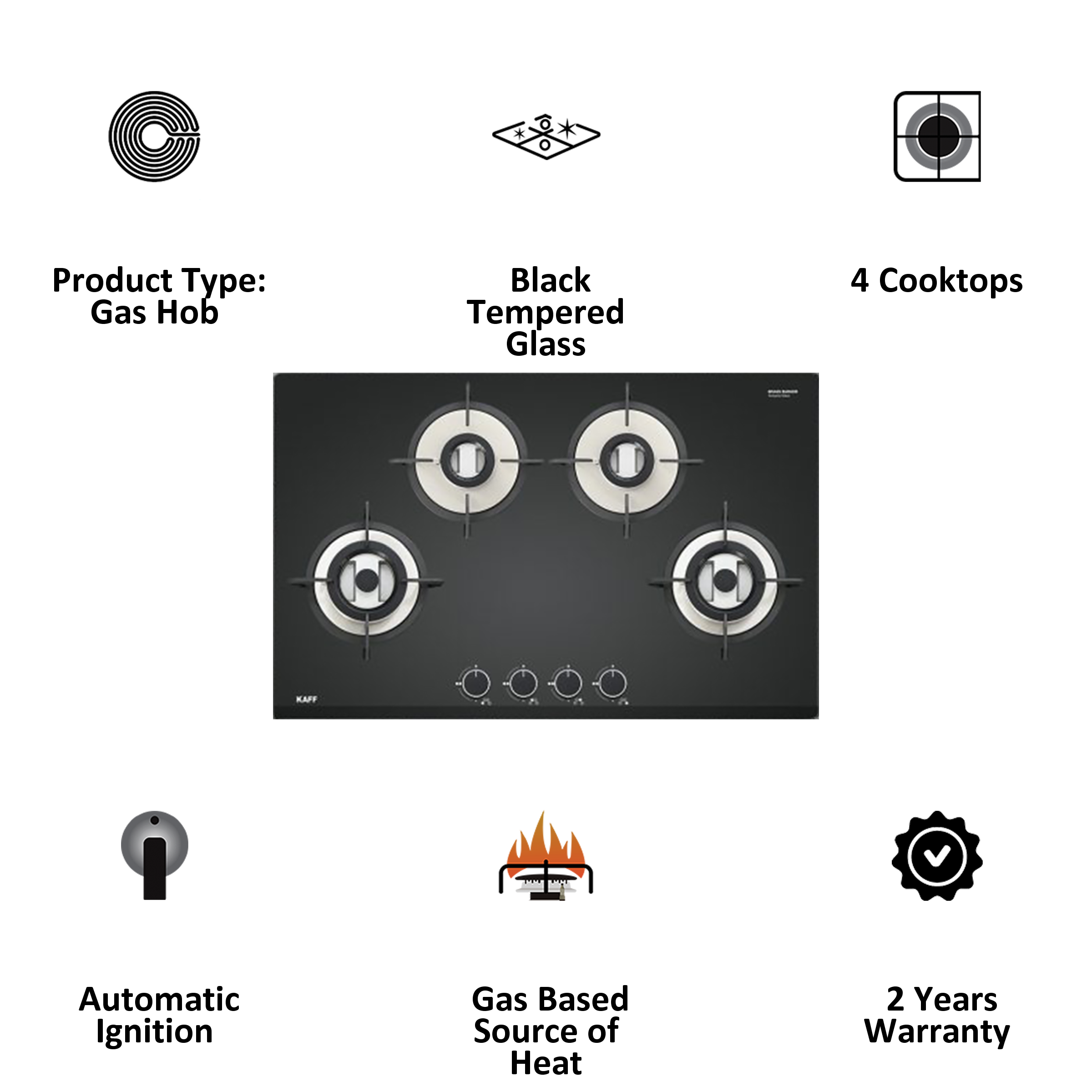 Kaff 4 Burner Black Tempered Glass With Beveled Edges Built-in Gas Hob (Matt Enameled Pan Support, VRH 784, Black)_3