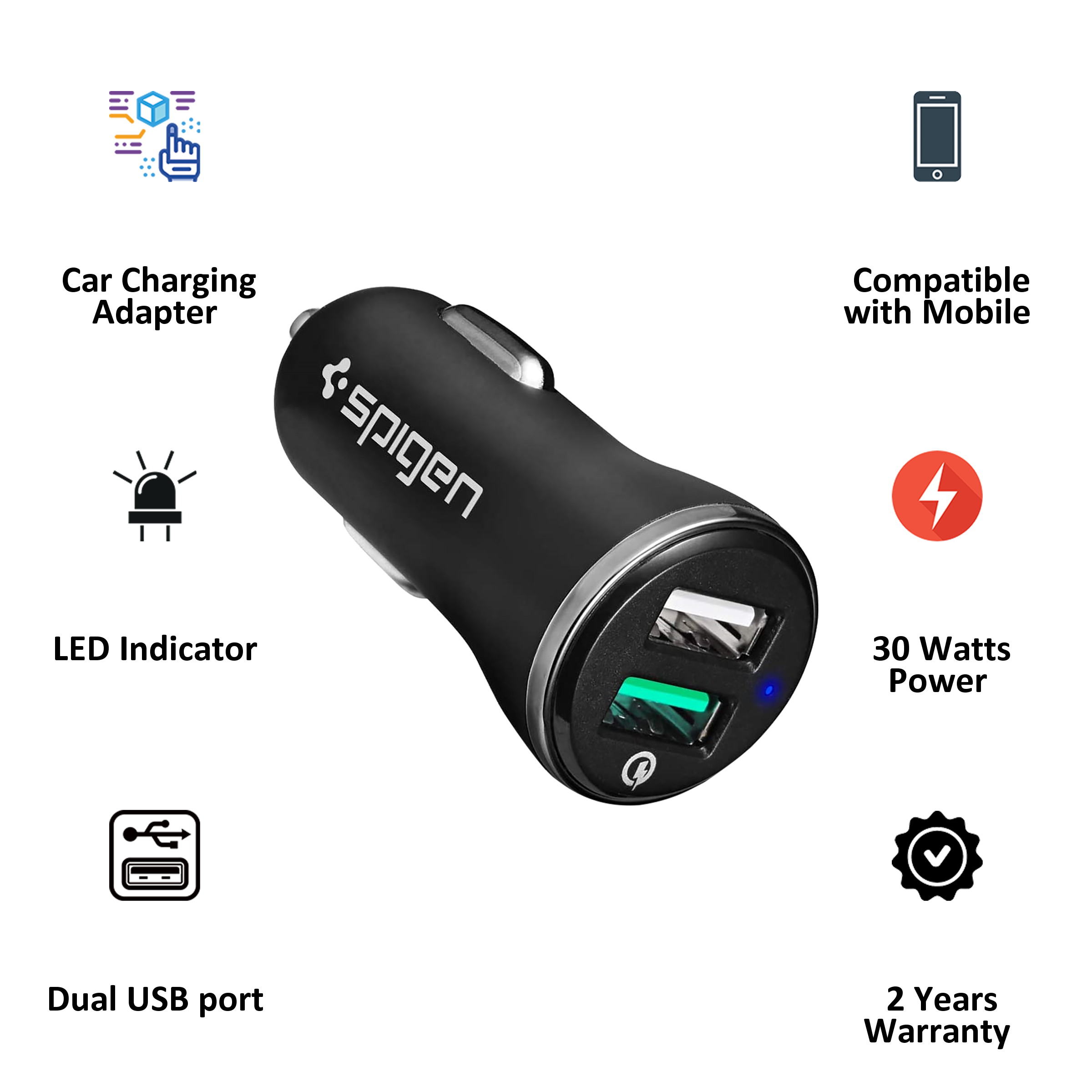 Spigen 30 Watts 2 USB Ports Car Charging Adapter (Safe Charging, 000CG20643, Black)_3