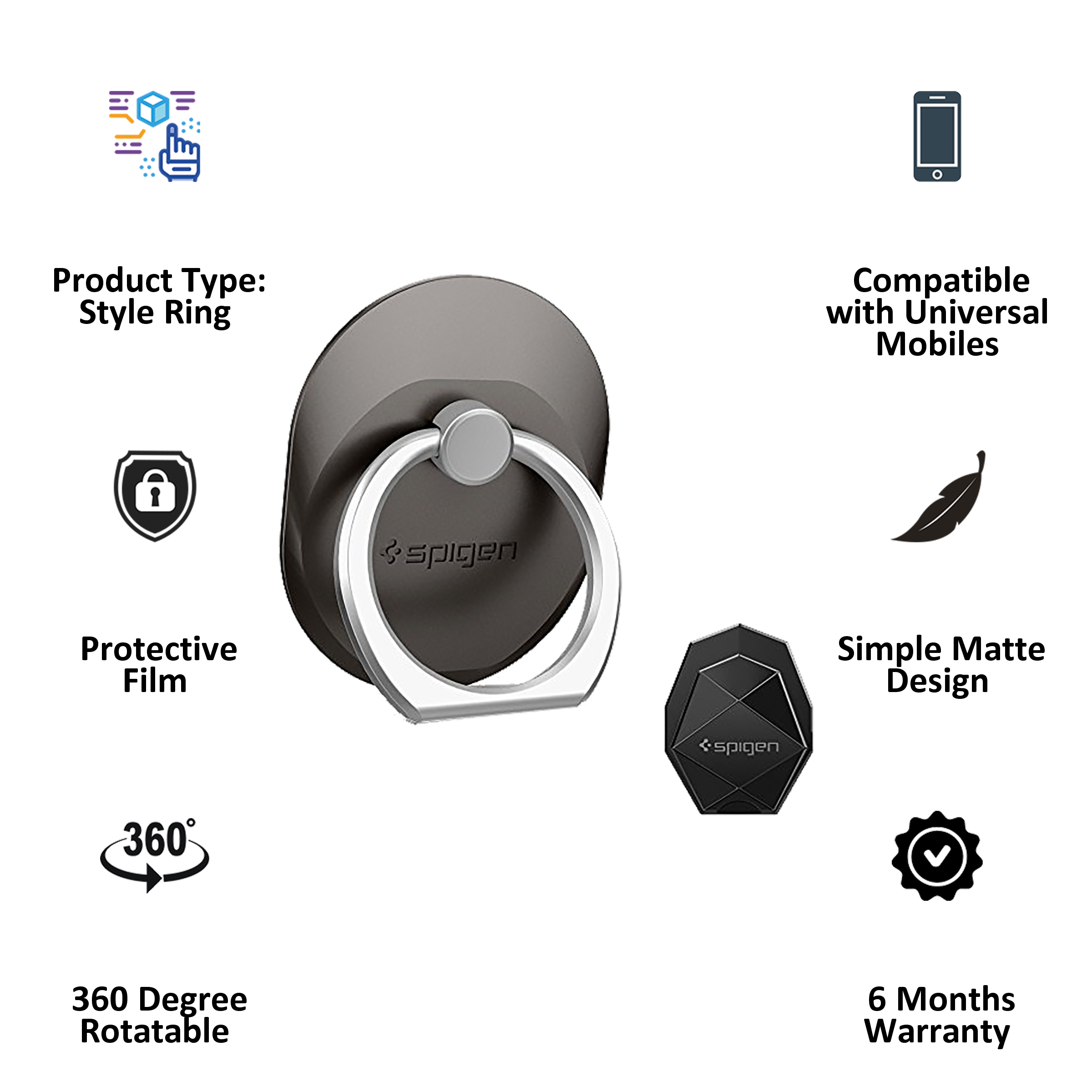 Spigen Style Ring For Universal Mobiles (Includes Hook Mount, 000EP20243, Space Grey)_2