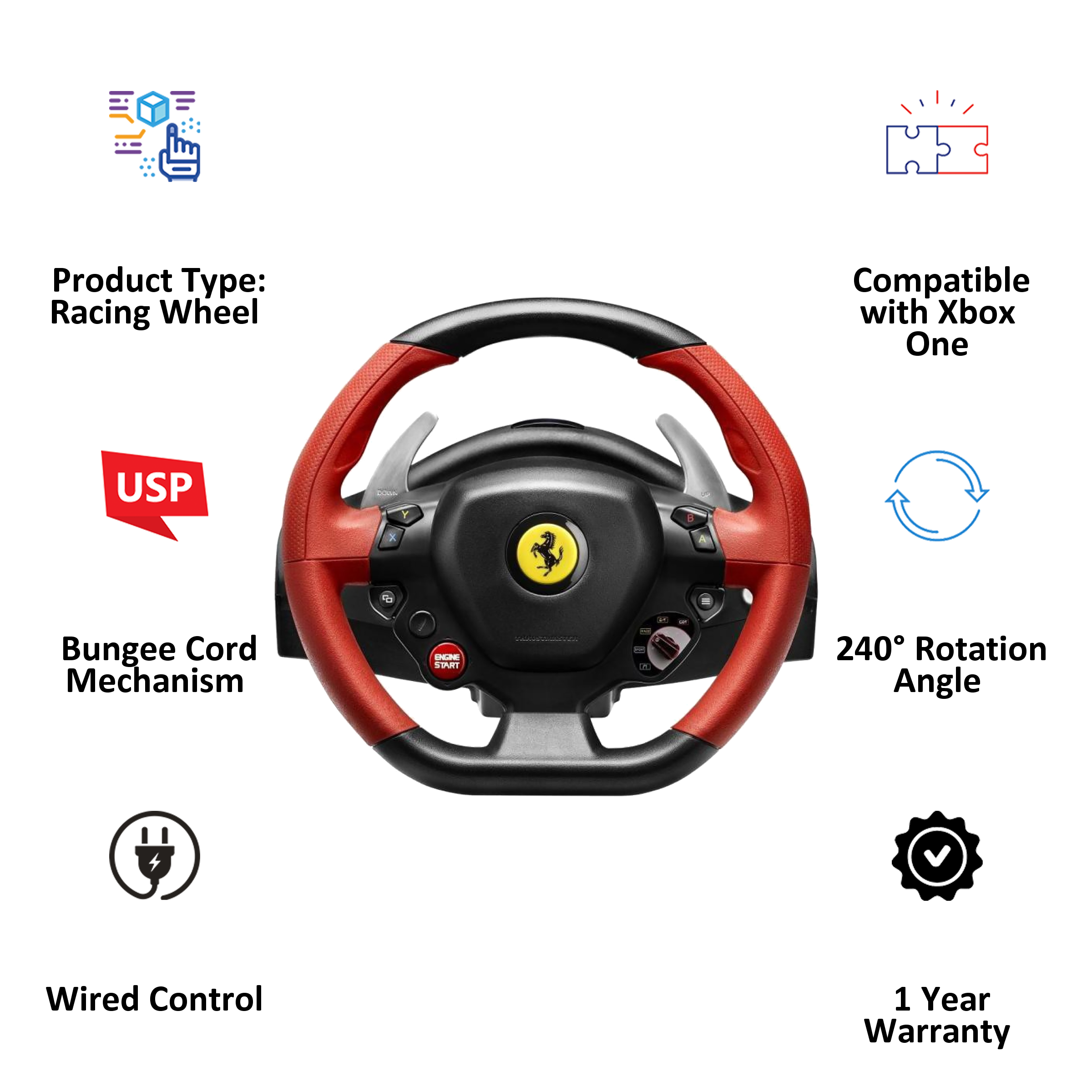 Thrustmaster Ferrari 458 Spider Racing Wheel For Xbox One (Bungee Cord Mechanism, Red/Black)_3