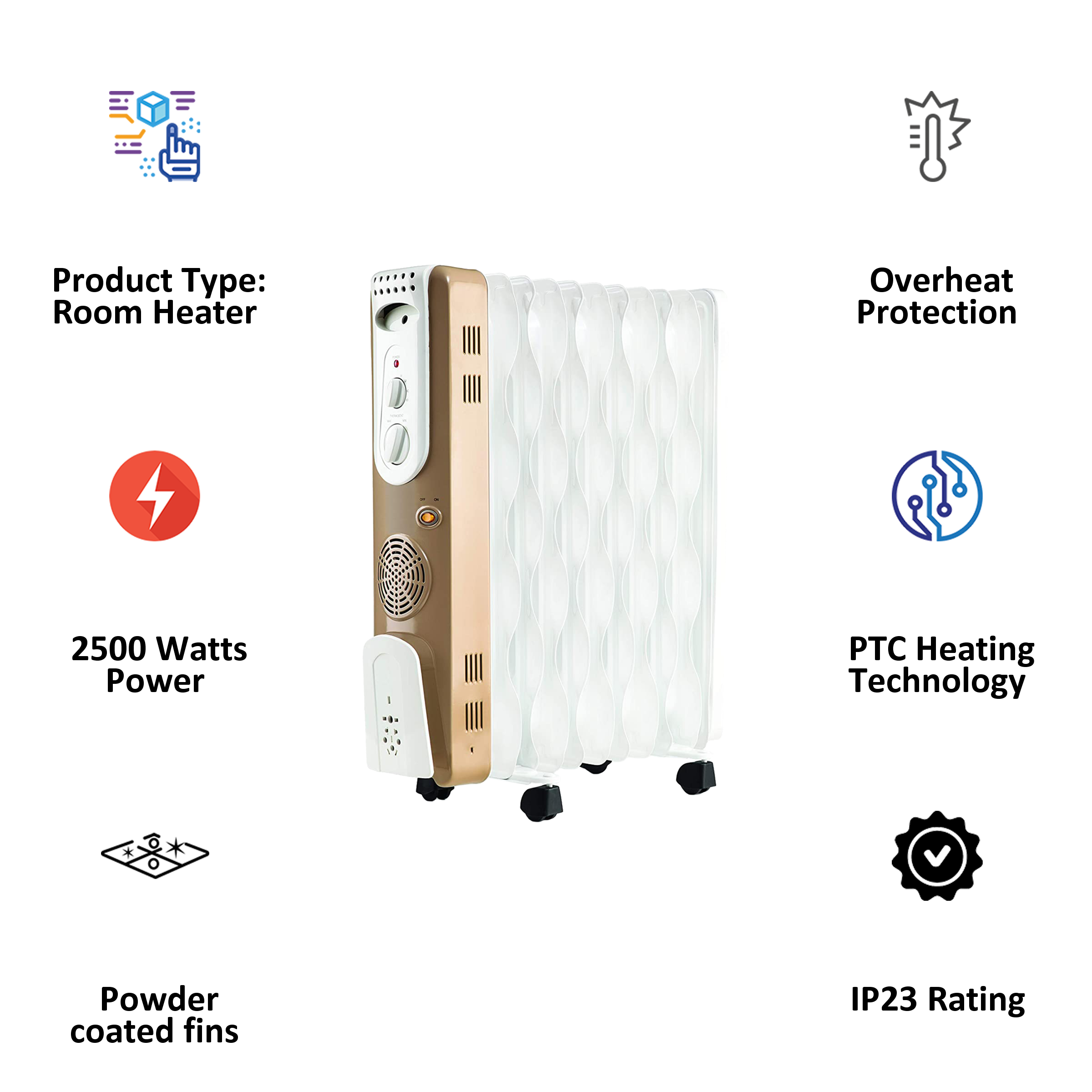 Usha 2500 Watts PTC Oil Filled Room Heater (Adjustable Thermostat, 3611 FS PTC, White)_3