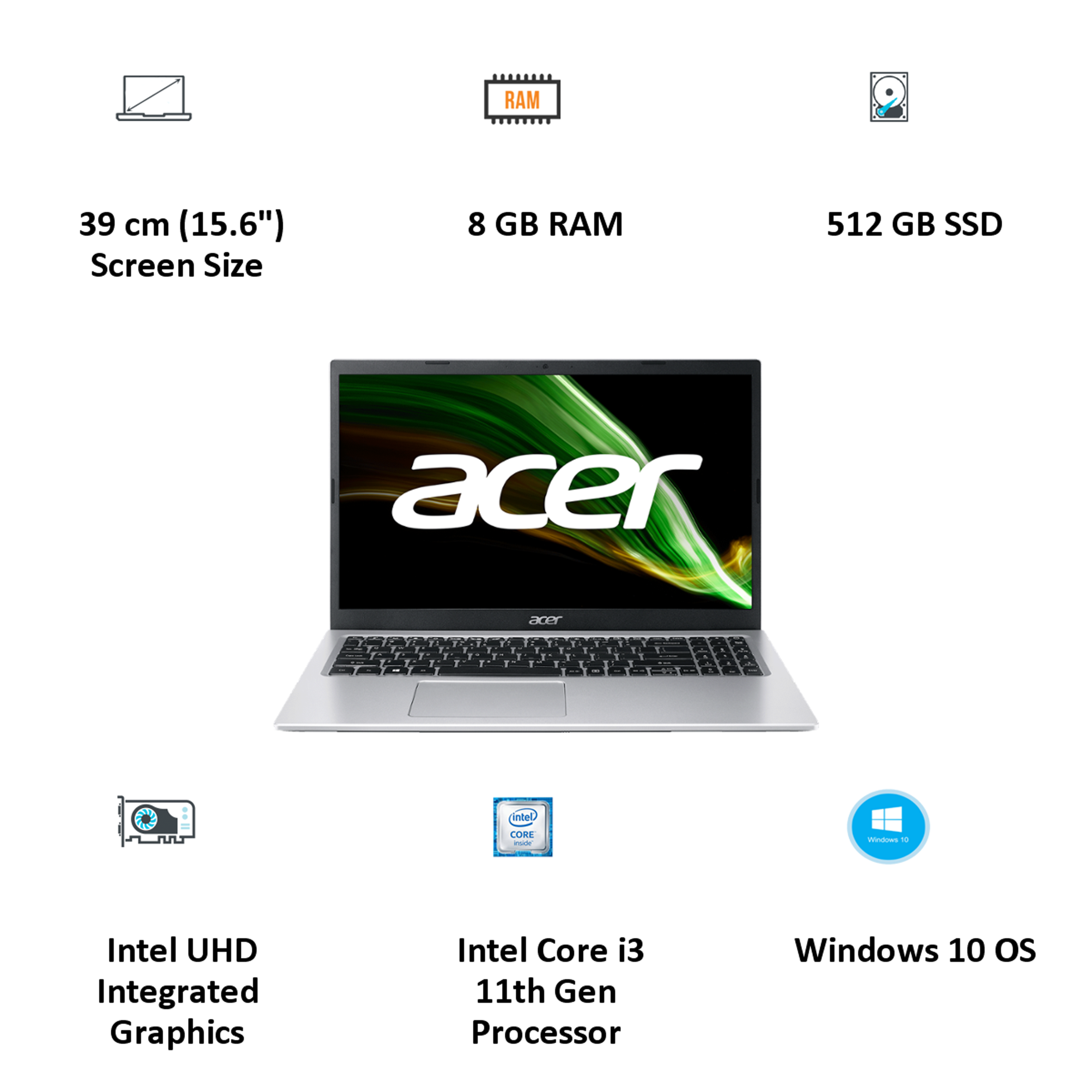Acer A315-58 11th Gen Core i3 Windows 10 Laptop (8GB RAM, 512GB SSD, Intel UHD Graphics, MS Office, 39.62cm, UN.ADDSI.023, Silver)_4