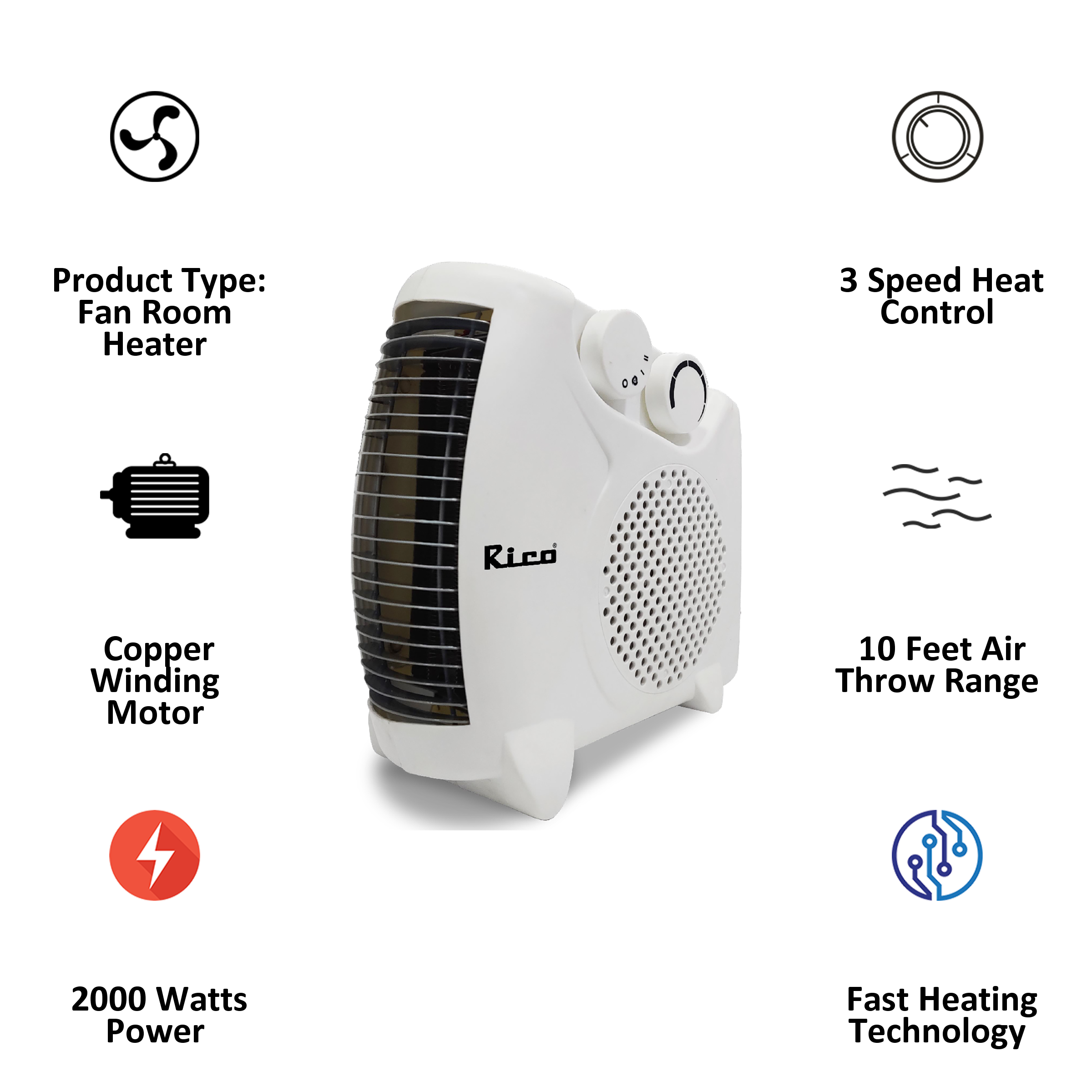 Rico ISI Certified 2000 Watts Room Heater With Japanese Fast Heating Technology and Free Replacement (Adjustable Thermostat Setting, RH1502, White)_4