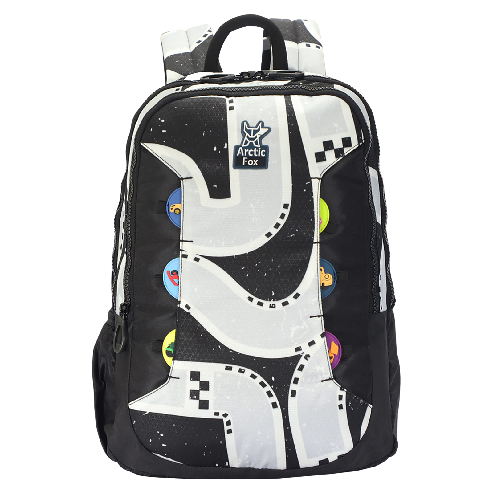 

Arctic Fox 20 Litres Polyester Race Car Kids Backpack (FKIBPKRCRON012020, White), White and black
