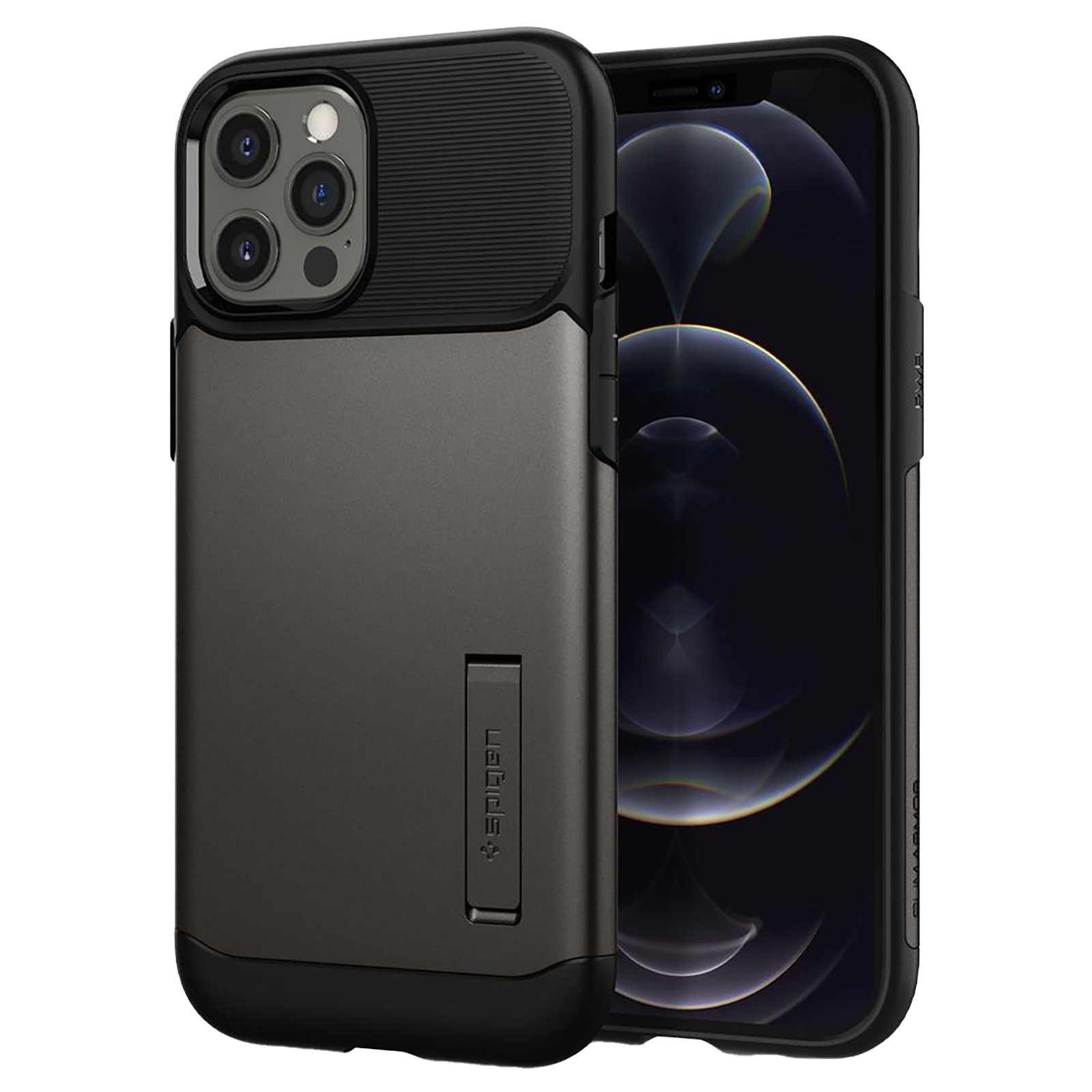 spigen - spigen Slim Armor Polycarbonate Thermoplastic Polyurethane Back Case with Stand for apple iPhone 12 Pro Max (Air Cushion Technology, ACS01480, Gun Metal)