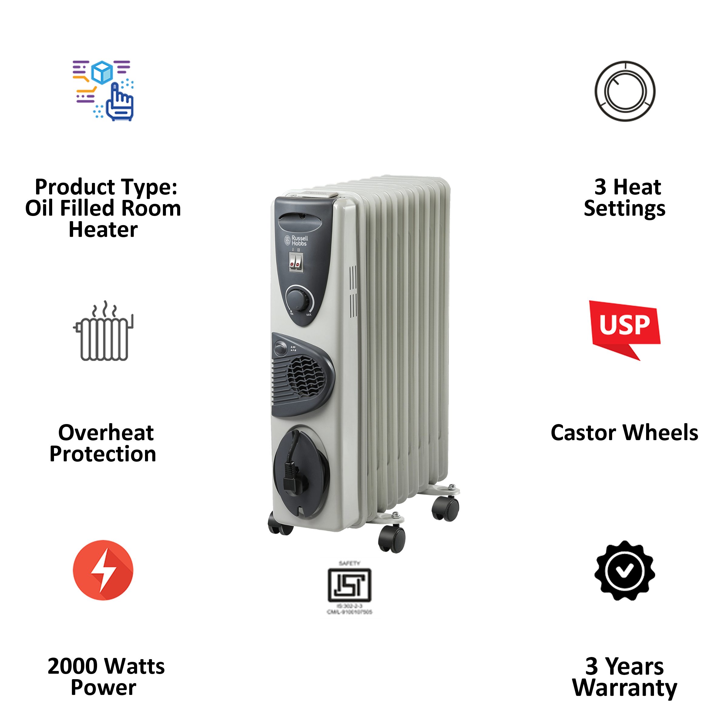 Russell Hobbs 2000 Watts Oil Filled Room Heater (ROR09, Silver)_3