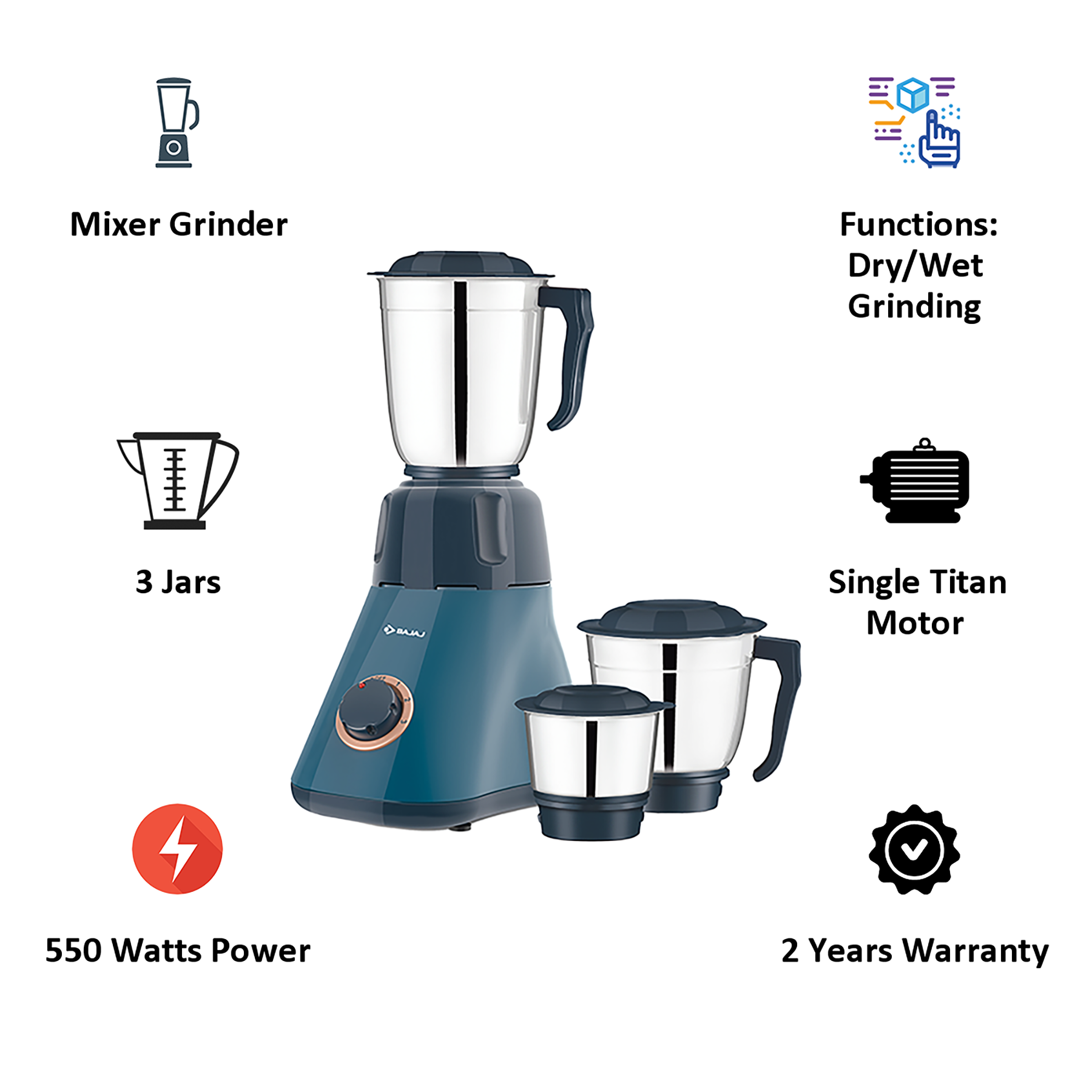 Bajaj Splendora 550 Watts 3 Jars Mixer Grinder (Nutri Pro For Nutrient Retention, 410541, Blue/Black)_3