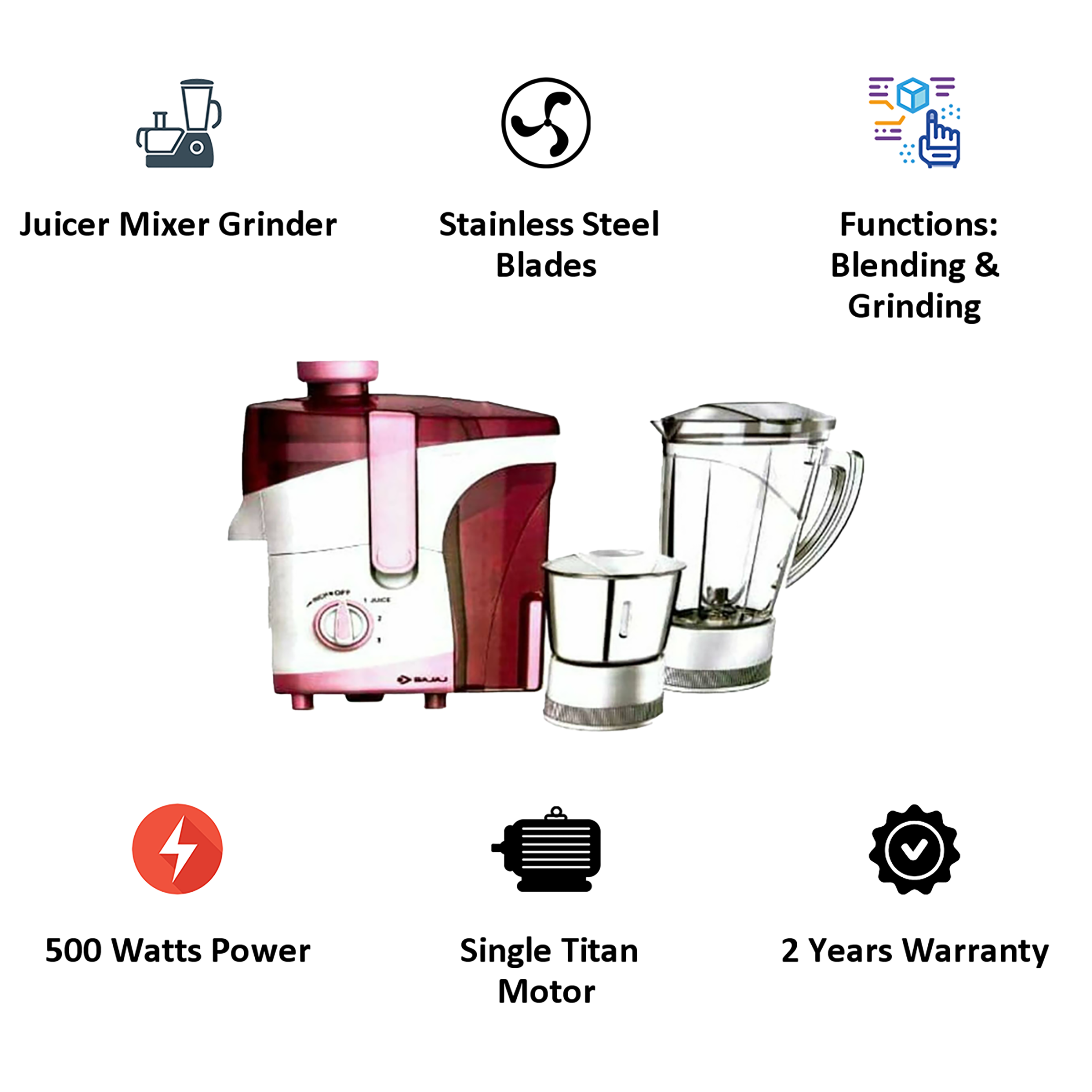 Bajaj JX 20 500 Watts 2 Jars Juicer Mixer Grinder (ISI Approved, 410701, White/Pink)_4