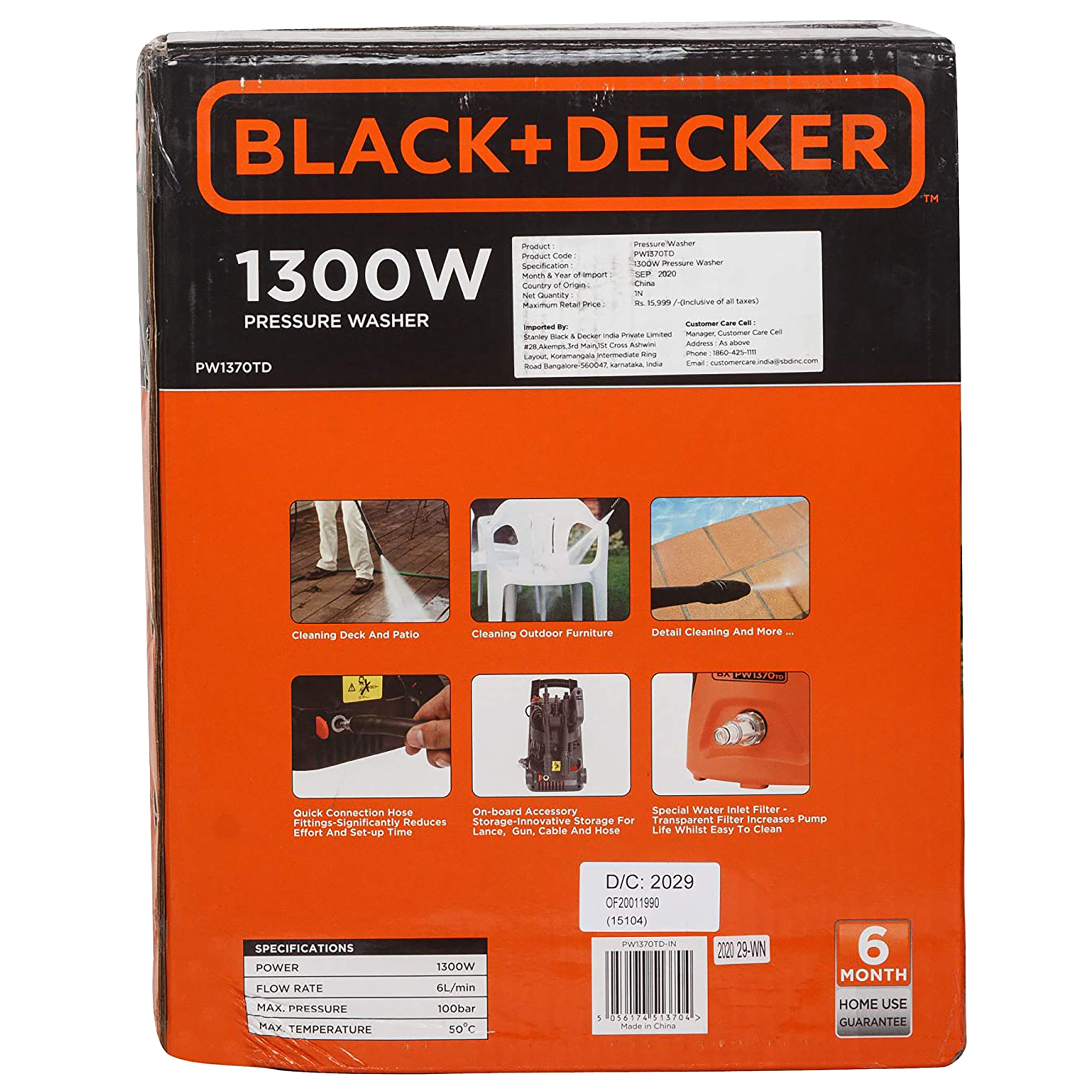 BLACK & DECKER 1300 Watt 100 Bar Pressure Washer PW1370TD