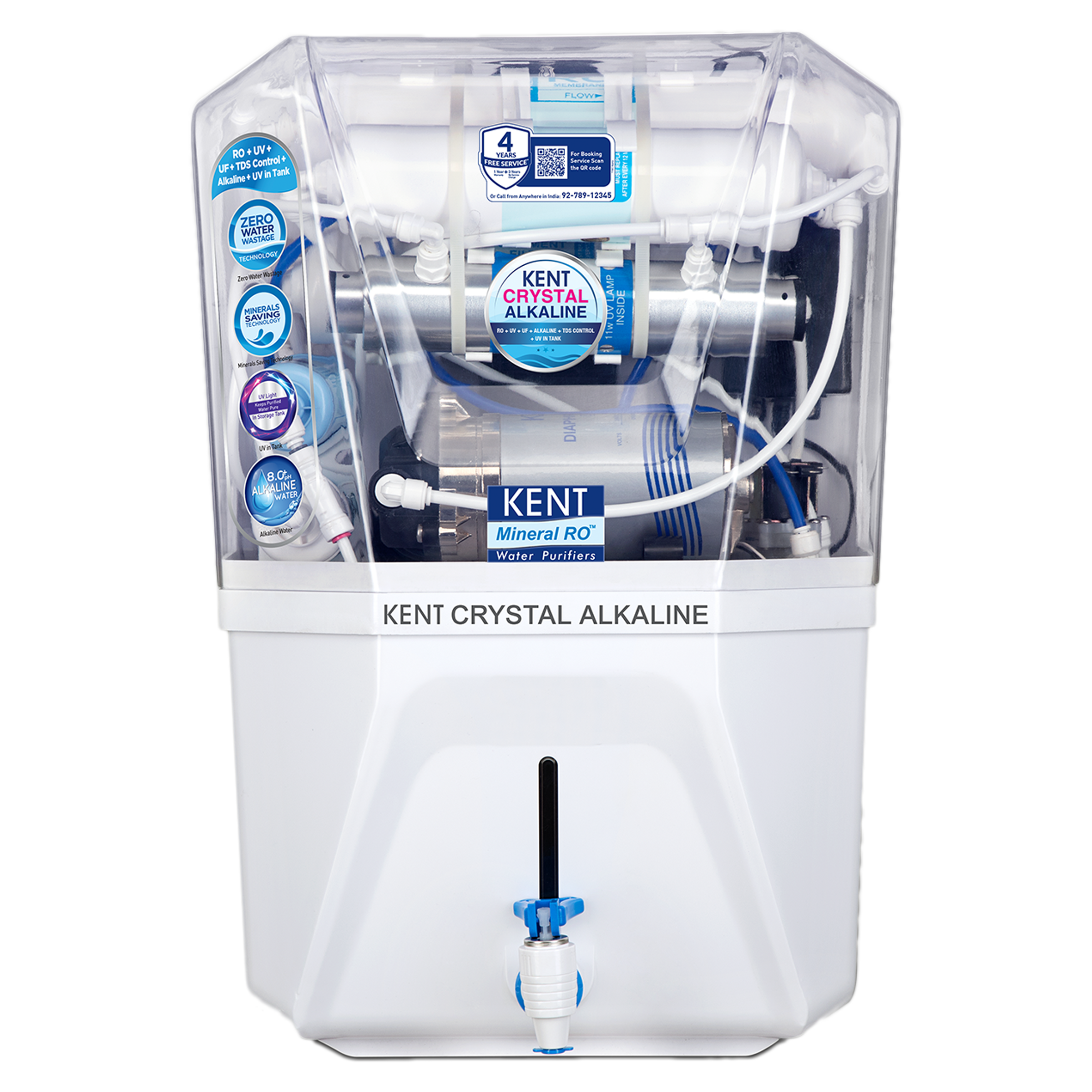 Kent Crystal Alkaline RO+UV+UF+TDS Electrical Water Purifier (Zero Water Wastage, 11122, White)