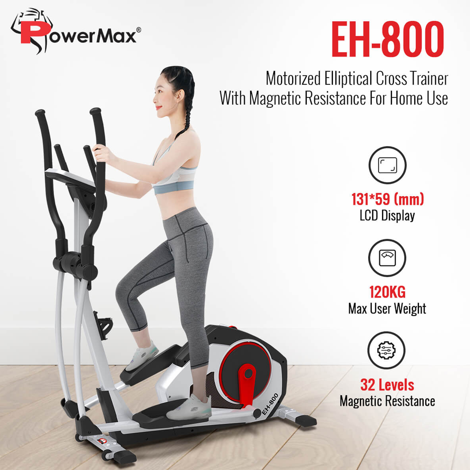 PowerMax Motorized Elliptical Cross Trainer Fitness Cycle (Magnetic Resistance, EH-800, Grey)_3