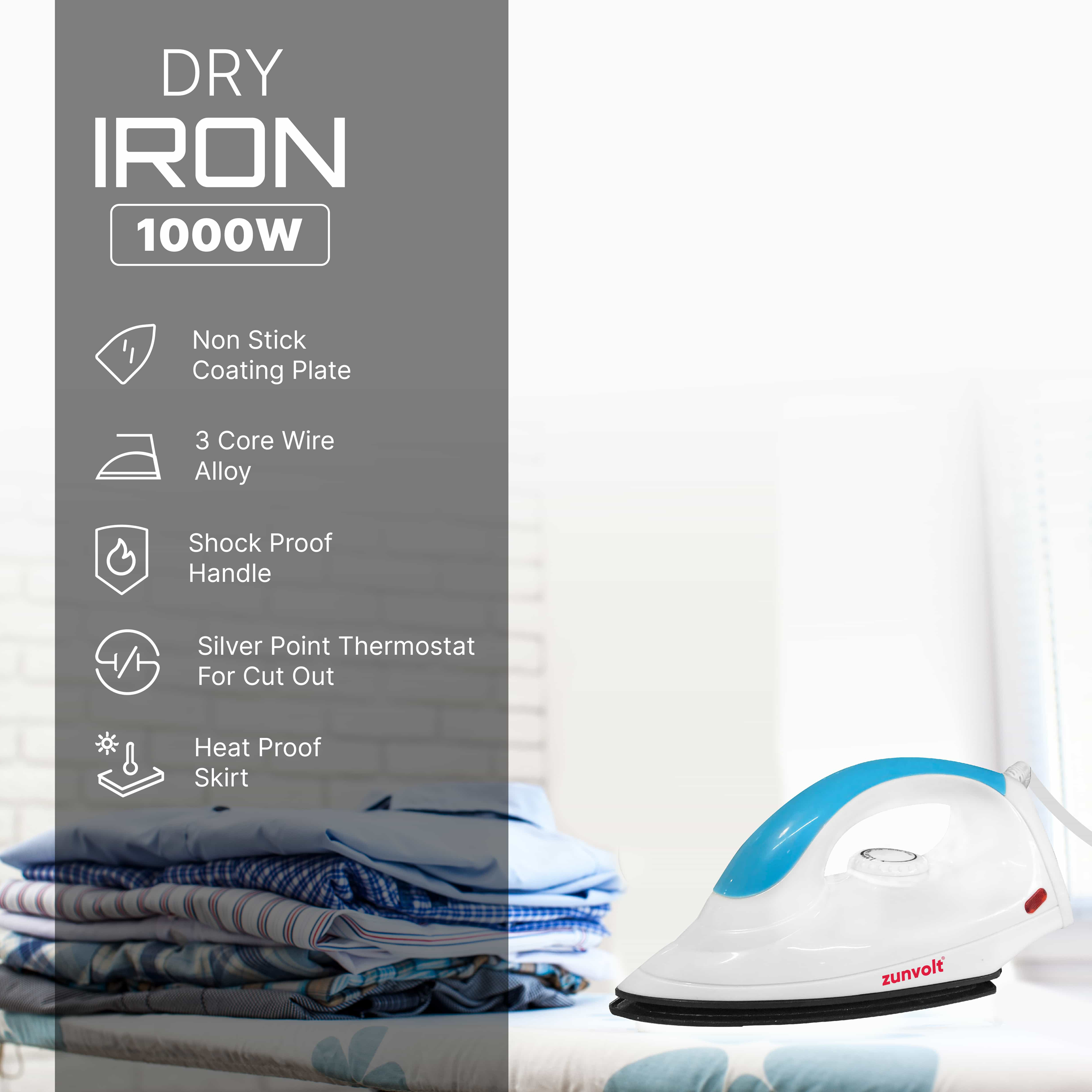 Zunpulse ZunVolt 1000 Watts Dry Iron (Auto Temperature Control, Blue)_2