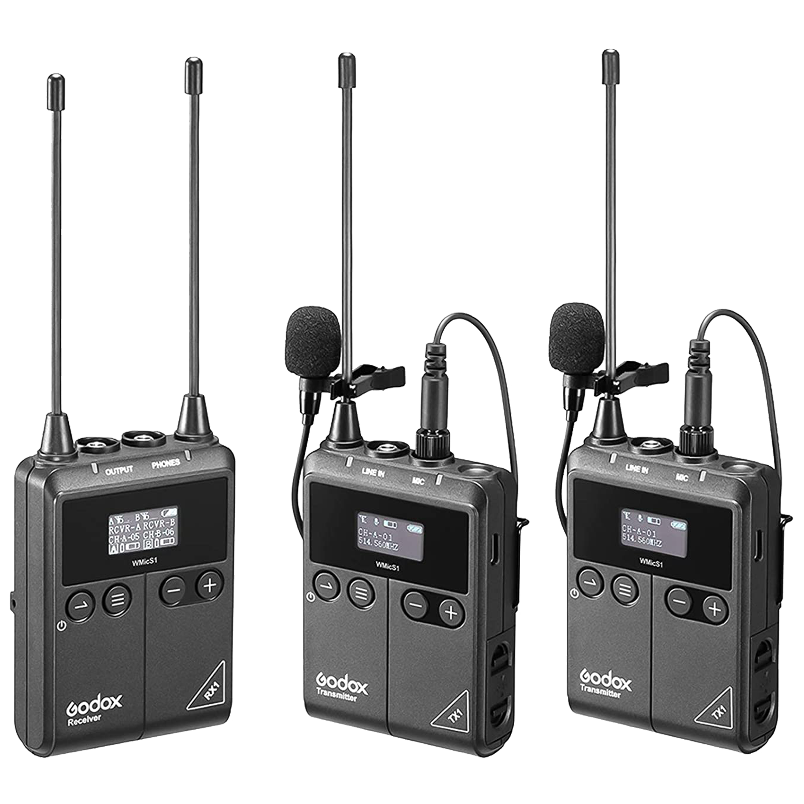 Godox Camera Mount Wireless Microphone (2 TX1 Transmitter and 1 RX1 Receiver with 514 to 596 MHz RF Frequency Range, S1, Black)_1