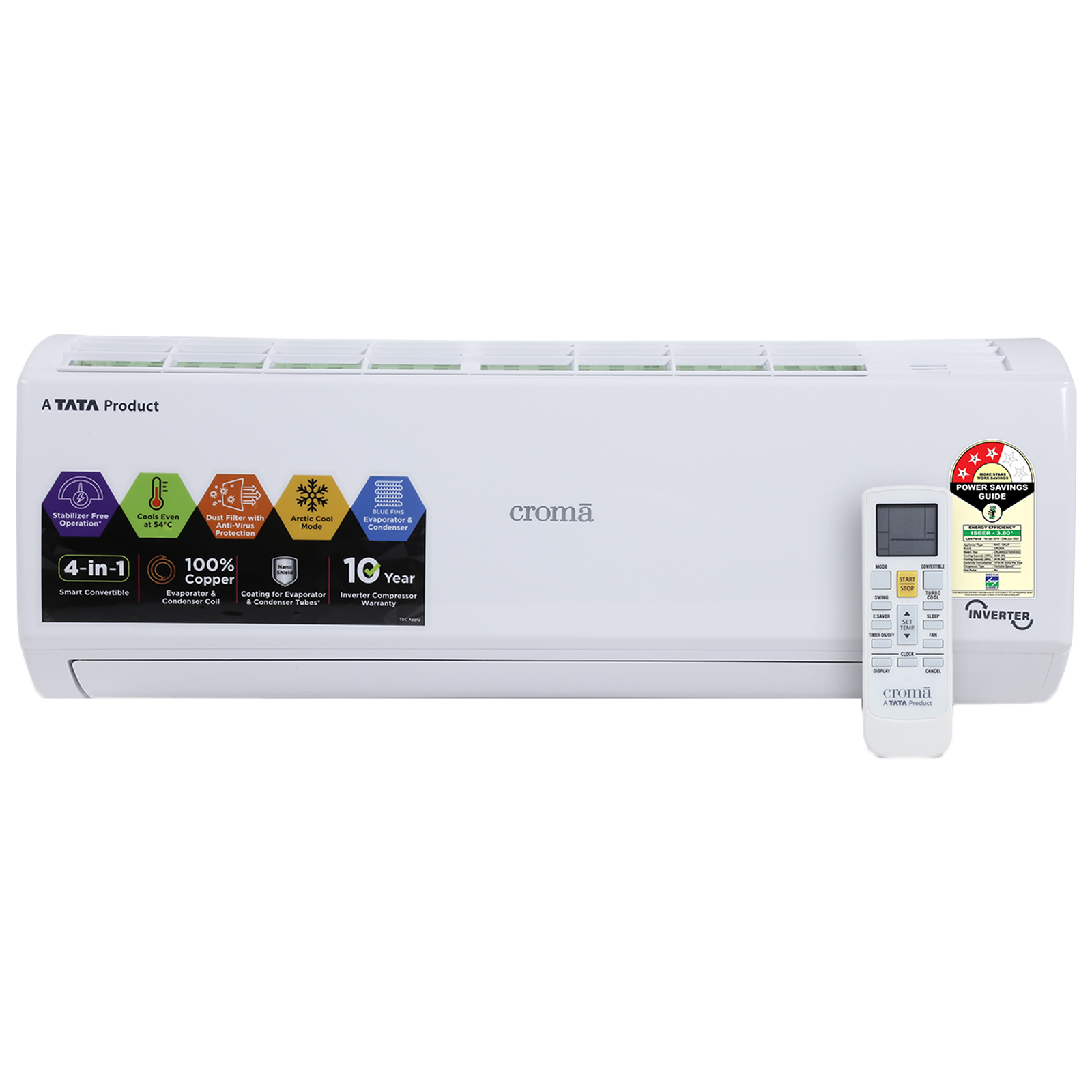 

Croma 4 in 1 Convertible 2 Ton 3 Star Inverter Split AC with PM 2.5 Filter (2022 Model, Copper Condenser, CRLAIN0223T0255), No color