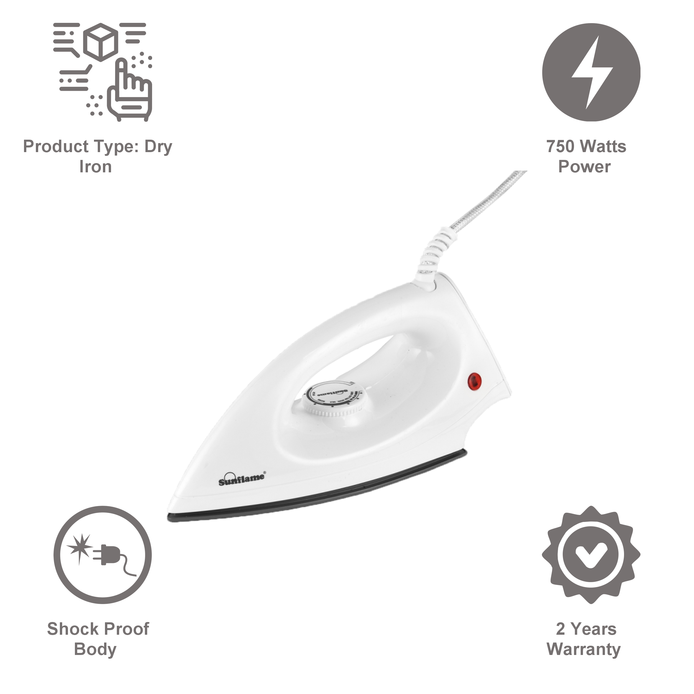 Sunflame Opal 750 Watts Dry Iron (Light weight, White)_4