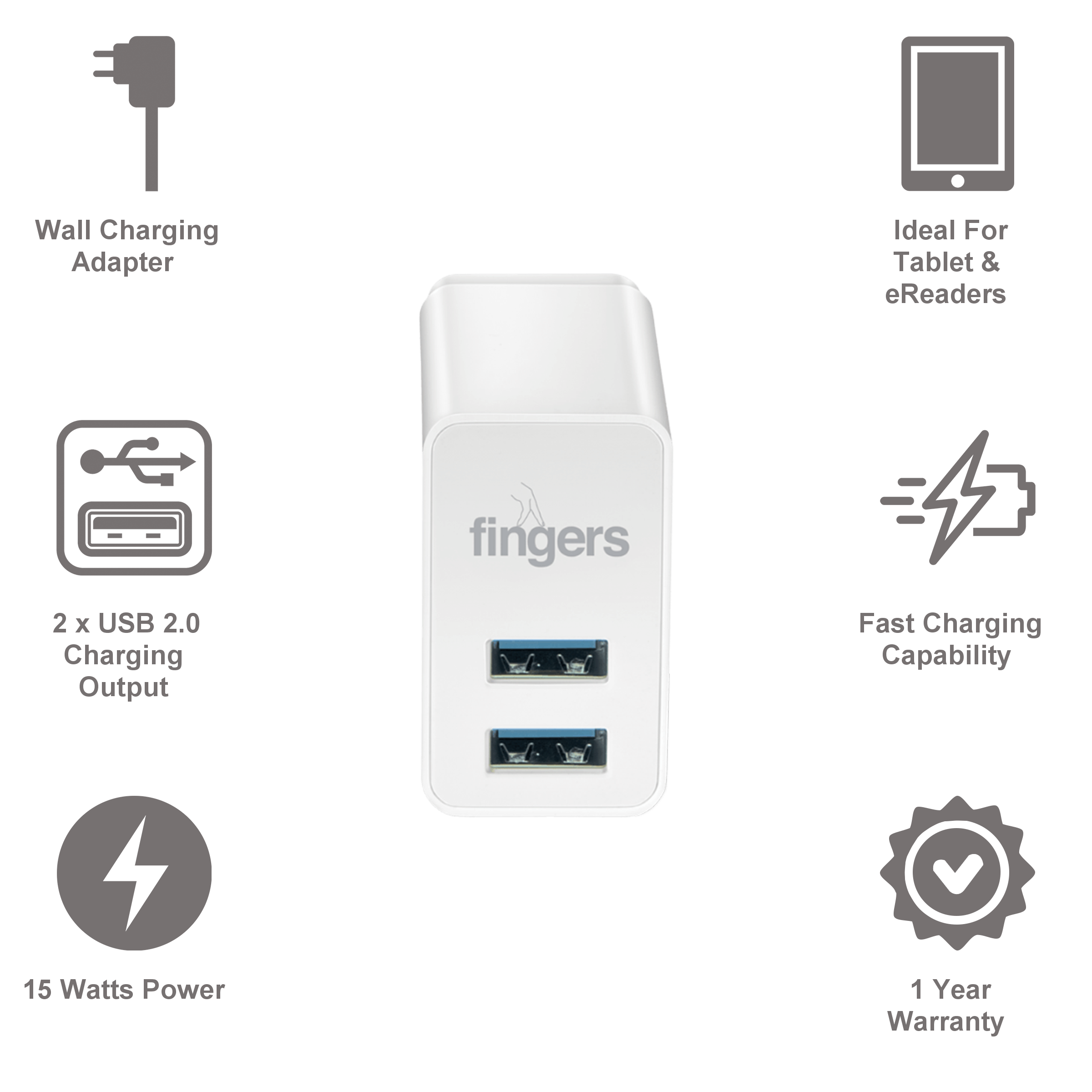 FINGERS 15 Watts/3 Amps 2-Port USB 2.0 Wall Charging Adapter (Fast Charging, PA0503A, Piano White)_3