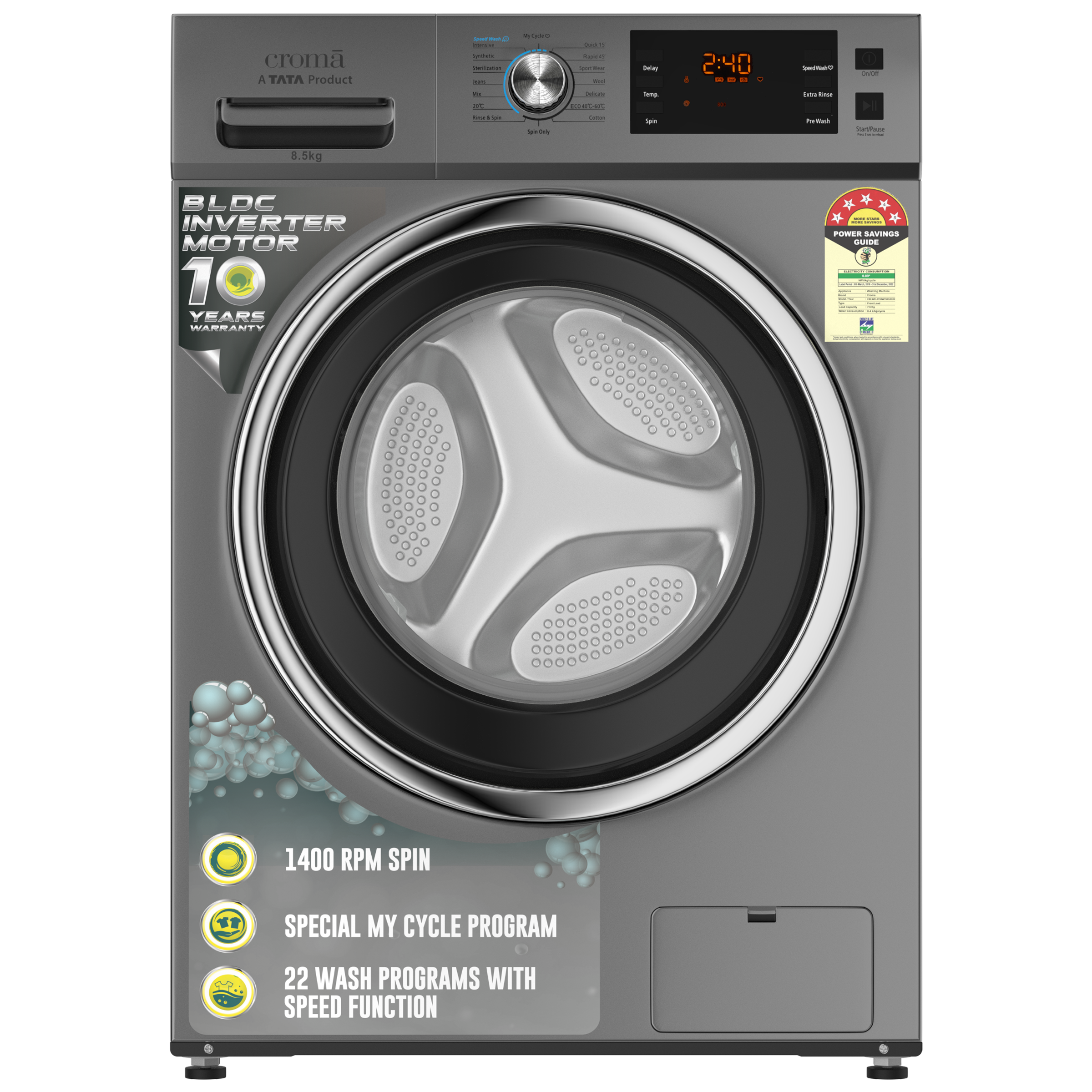 Croma 8.5 kg 5 Star Fully Automatic Front Load Washing Machine (22 Wash Programs, CRLWFL0855W7904, Silver Grey)_1
