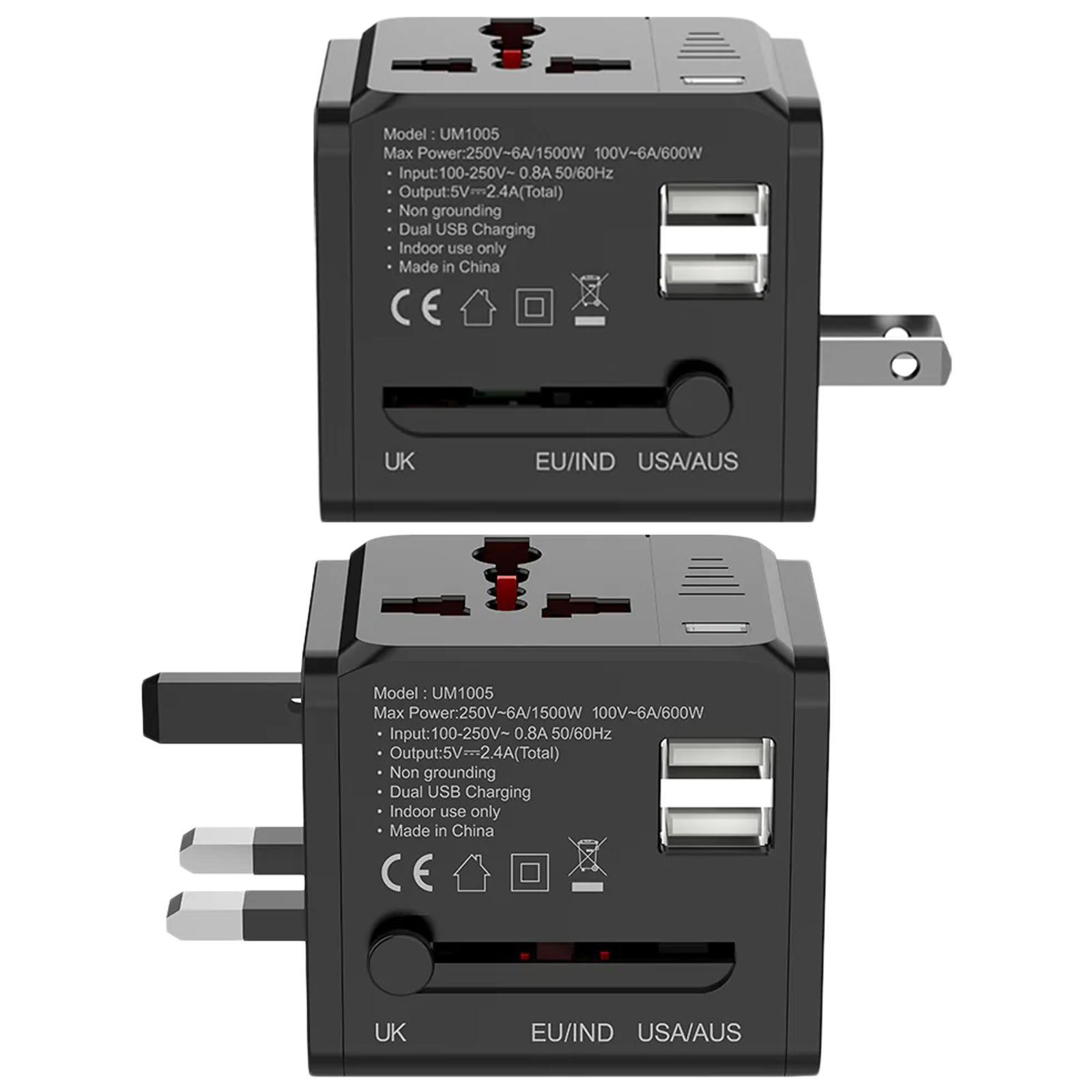 

UltraProlink 2 Plugs Travel Adapter (Childproof Shutter with Multiple Country Socket Compatibility, UM1005WTA, Black), No color