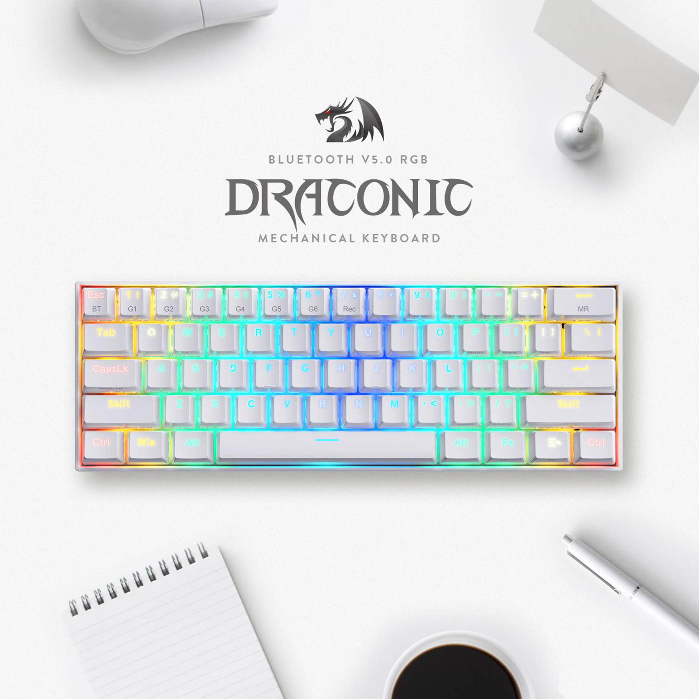 Redragon Draconic K530 Wired/Wireless Keyboard (RGB Backlight Brown Switch, White)_3