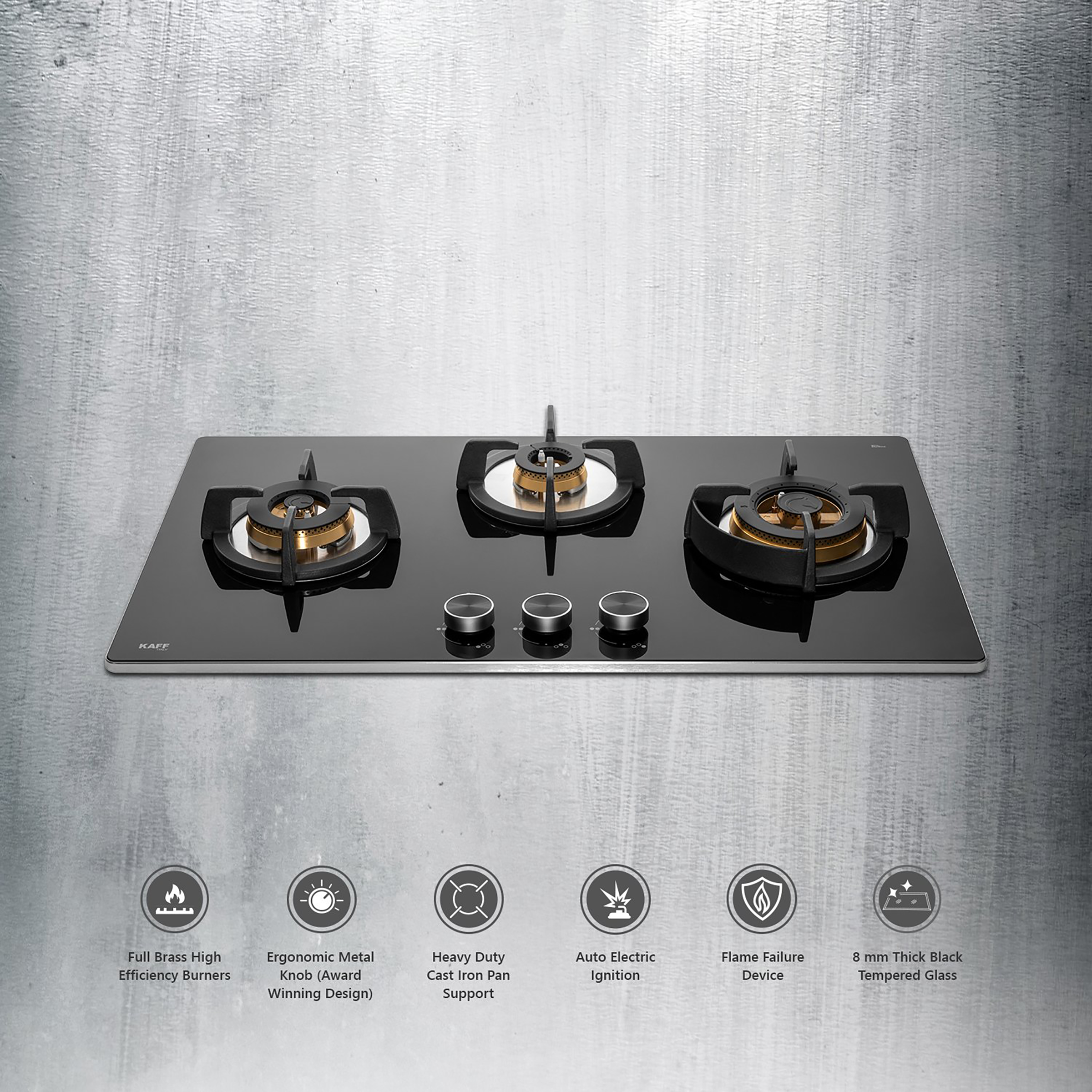 KAFF Bellini 3 Burner Thick Tempered Glass Built-in Gas Hob (Flame Failure Device, BLH 783, Black)_4