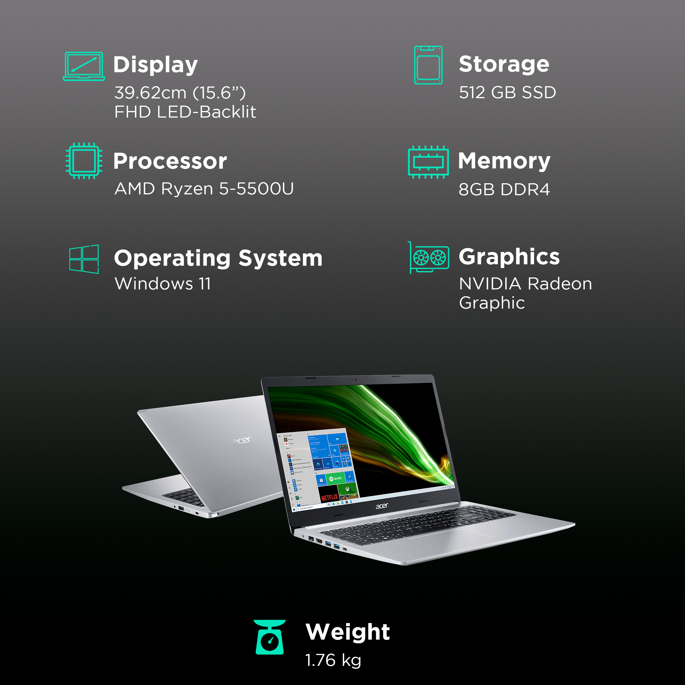 Acer Aspire 5 AMD Ryzen 5 (15.6 inch, 8GB, 512GB, Windows 11, NVIDIA Radeon Graphics, FHD LED-Backlit Display, Silver, NX.A84SI.007)_3