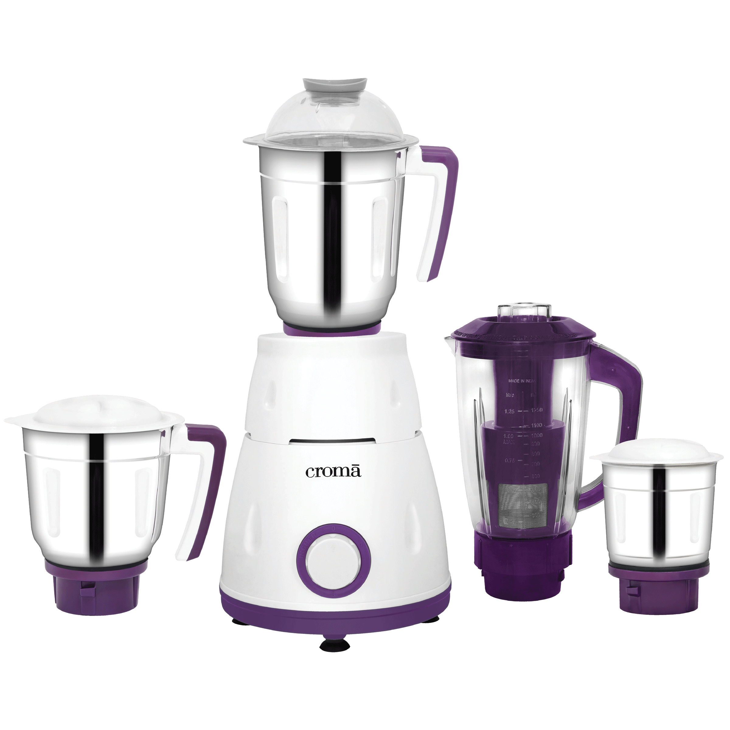 

Croma 750 Watt 4 Jars Mixer Grinder (18000 RPM, 3 Speed Control with Pulse Function, White/Purple)