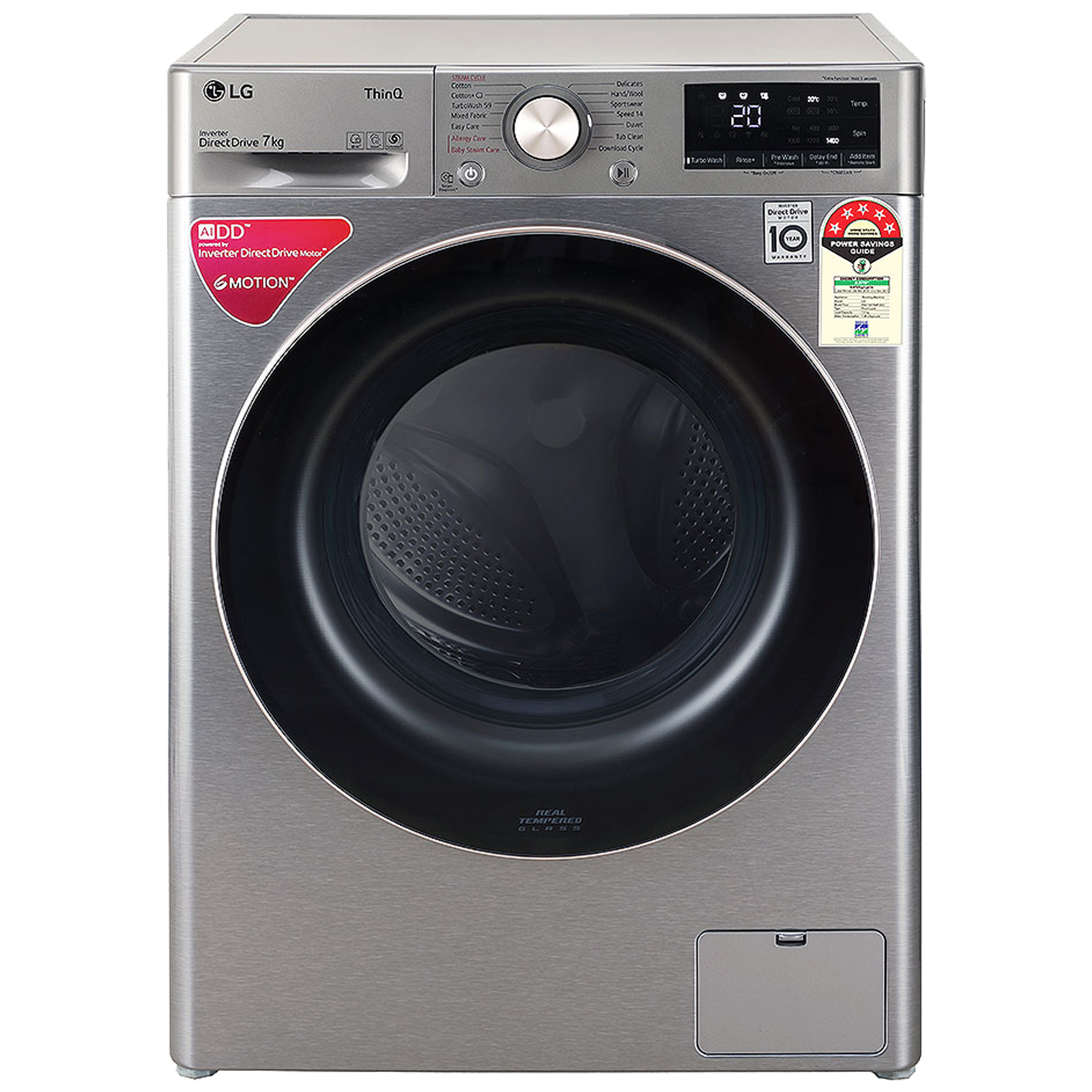

LG 7 kg 5 Star Inverter Fully Automatic Front Load Washing Machine (FHV1207ZWP, In-built Heater, Platinum Silver), No color
