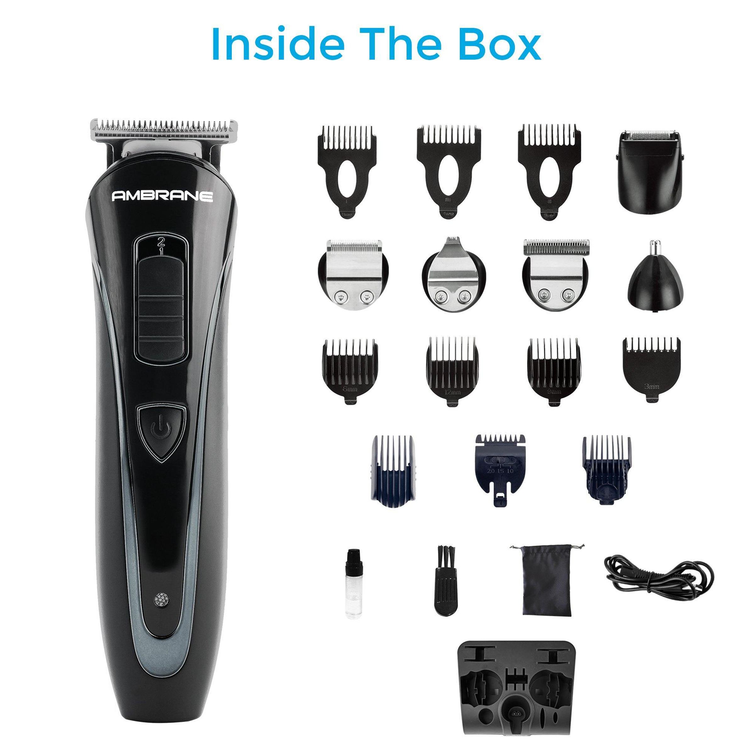 Ambrane Cruiser Stainless Steel Blades Cordless Operation 15-in-1 Body Grooming Kit (10 Detachable Combs, FGPC000001, Black)_3