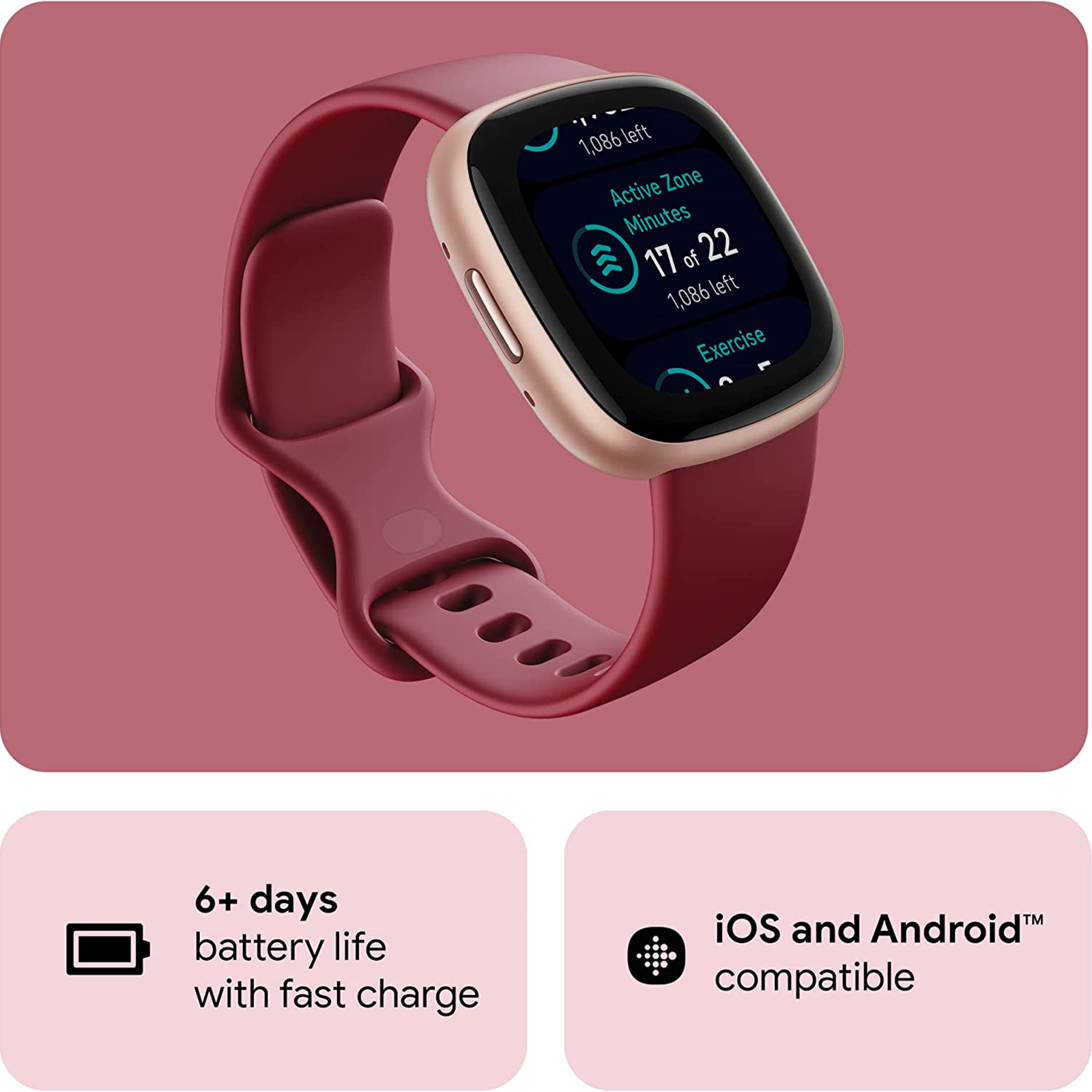 Fitbit Versa 4 Smartwatch with Activity Tracker (40.1mm Display, Water Resistant, Beet Juice Strap)_4