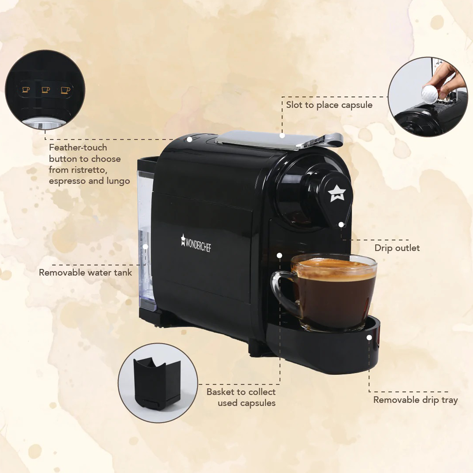 Wonderchef Regalia Capsule Fully Automatic Coffee Maker (Makes Espresso & Cappuccino, 3 Shot Option, 63154561, Black)_2