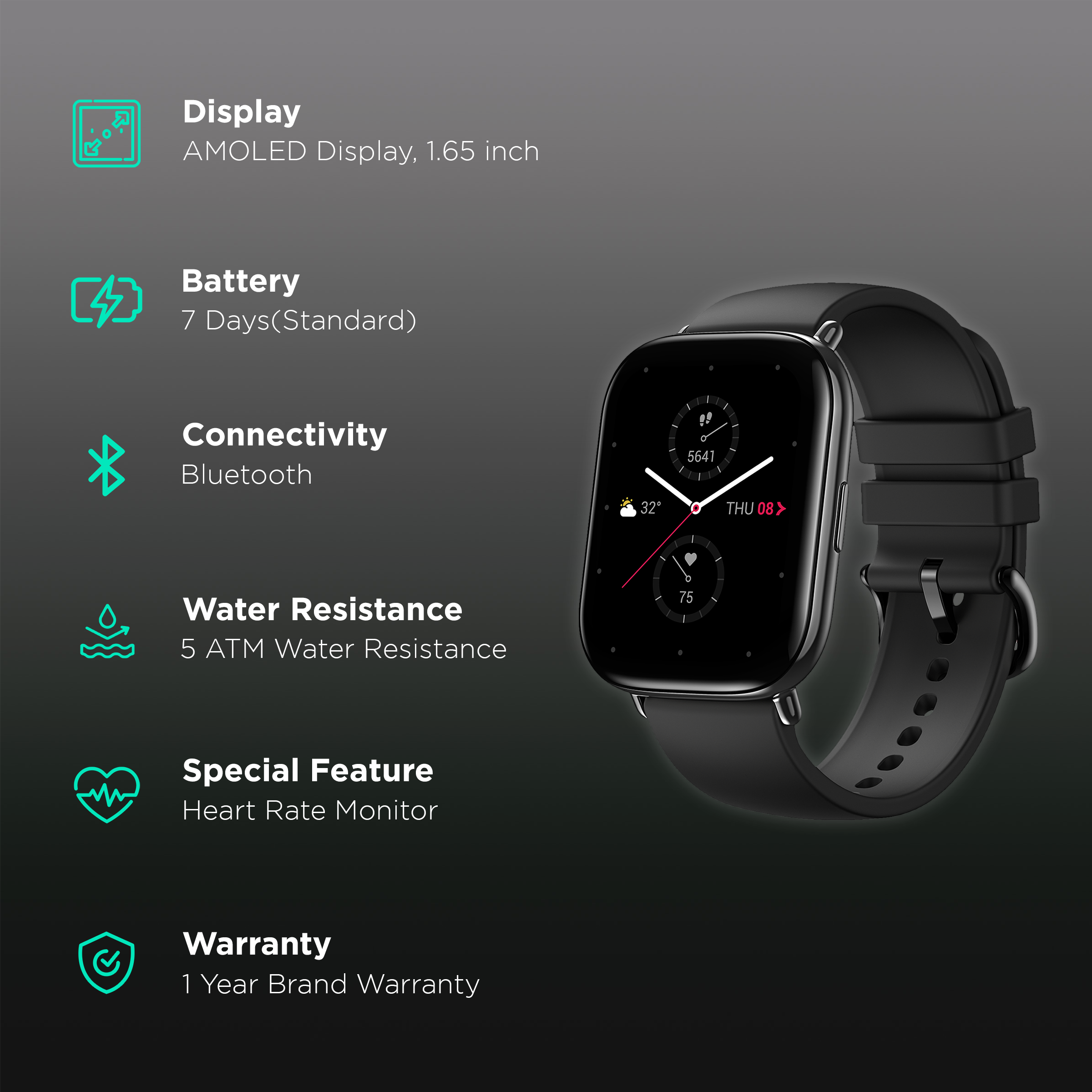 Amazfit Zepp E Smartwatch with Music Control (41.9mm AMOLED Display, 5ATM Water Resistant, Onyx Black Strap)_2