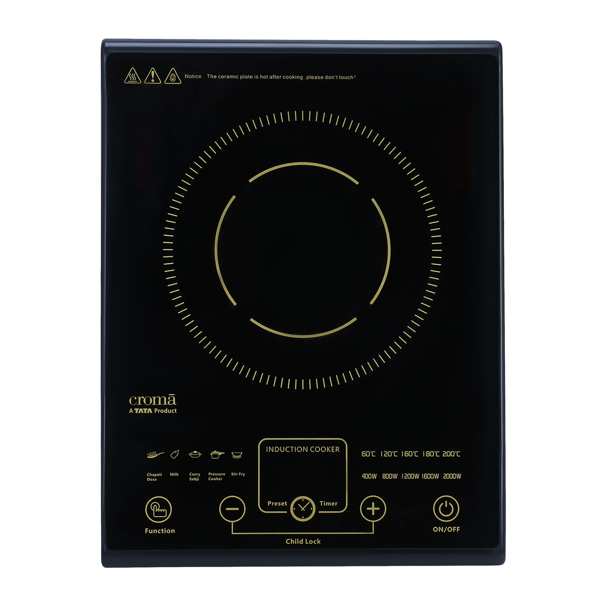 Croma Black Crystal Glass 2000 Watts Induction Cooktop (5 Temperature Settings, CRSK20IICA255901, Black)_1