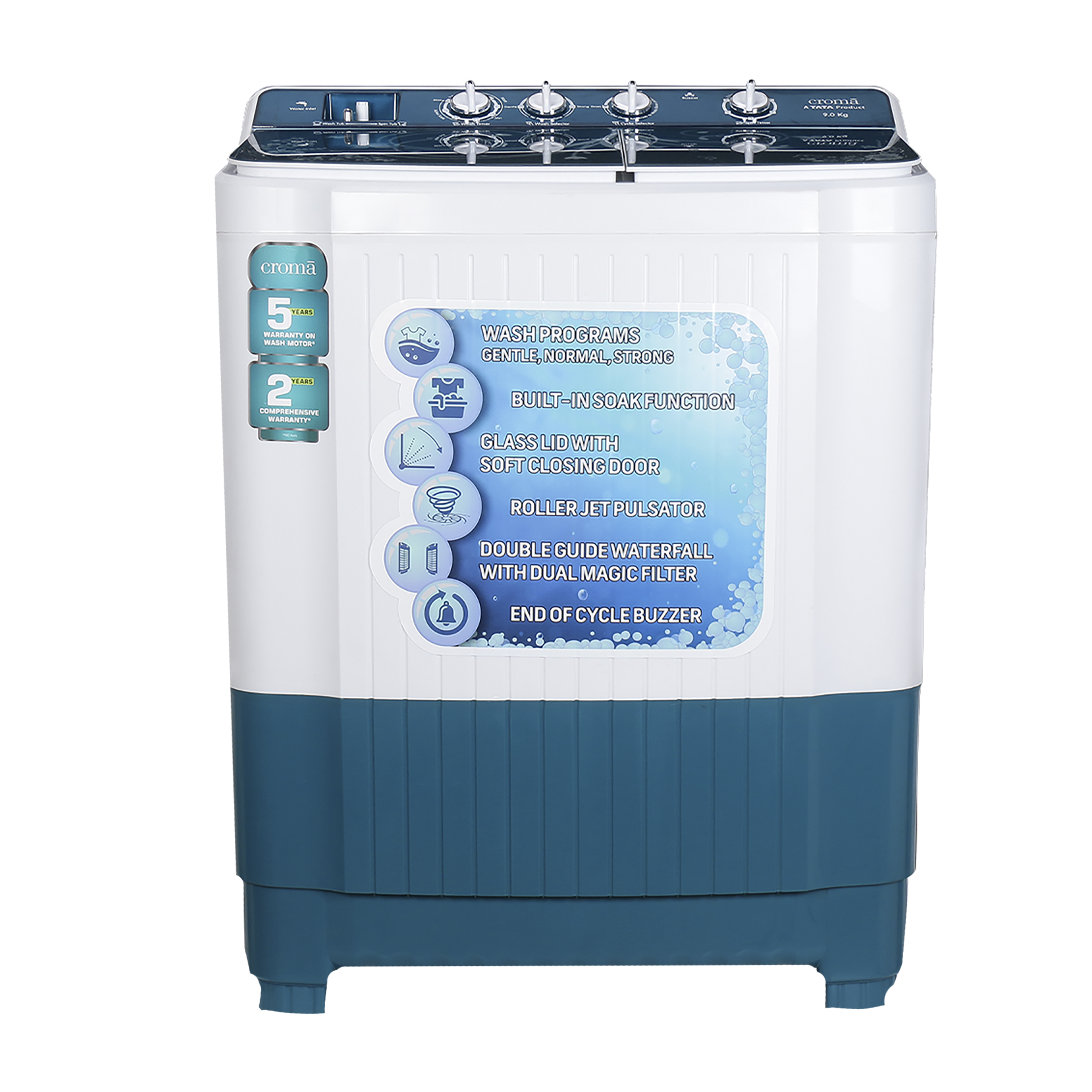 Croma 9 kg Semi Automatic Washing Machine with Single Water Inlet (CRAW2253, White)_1