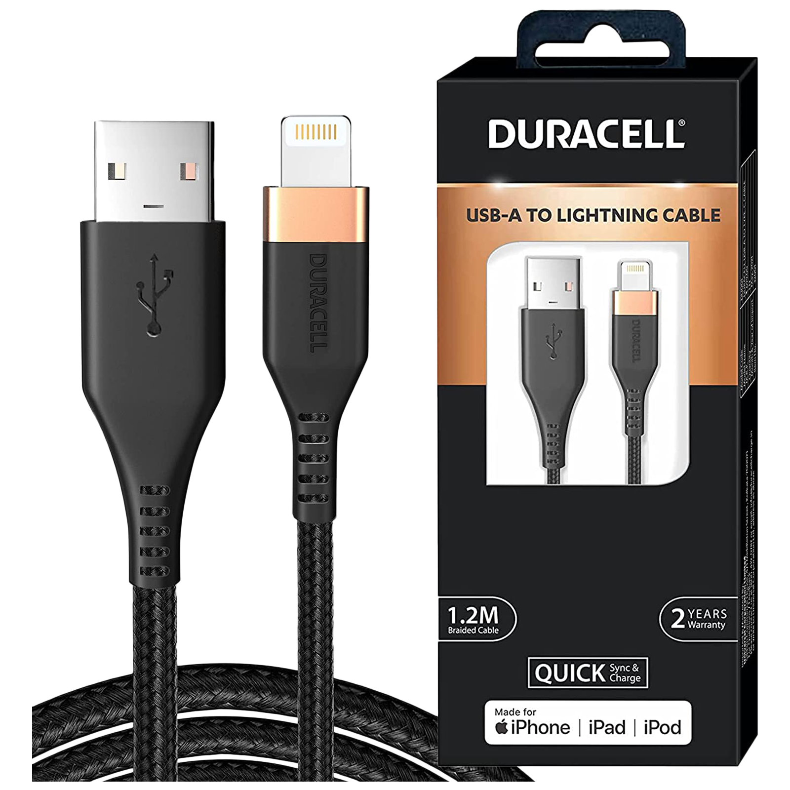 Duracell Braided 1.2 Meter USB 2.0 (Type-A) to Lightning Data Transfer/ Power Charging USB Cable (Fast Charging, 32002, Black)