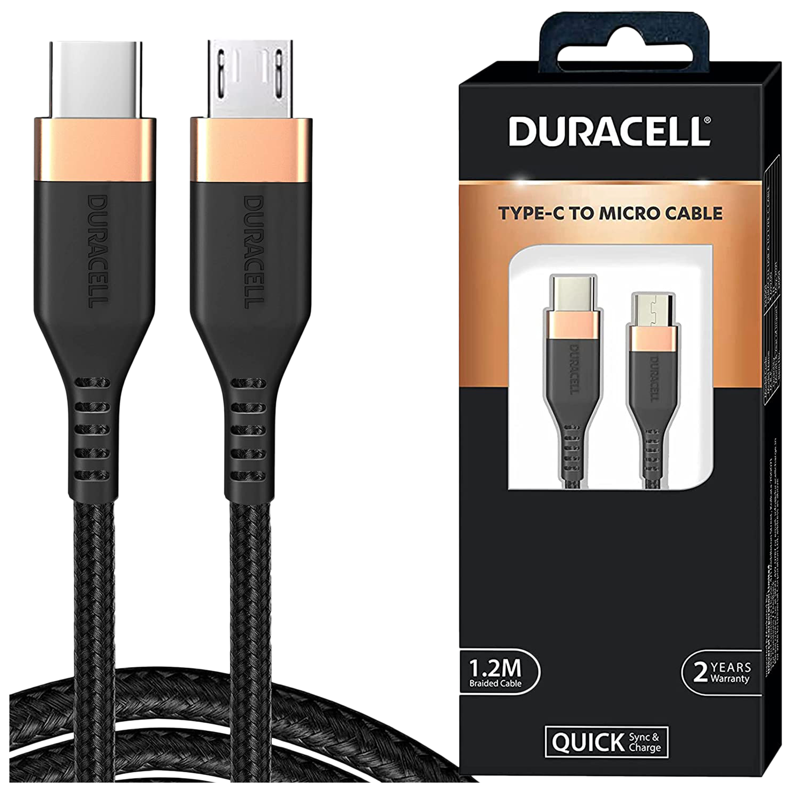 Duracell Braided 1.2 Meter USB 2.0 (Type-C) to Micro USB 2.0 (Type-B) Data Transfer and Power/Charging USB Cable (Up to 480 Mbps, 32006, Black)