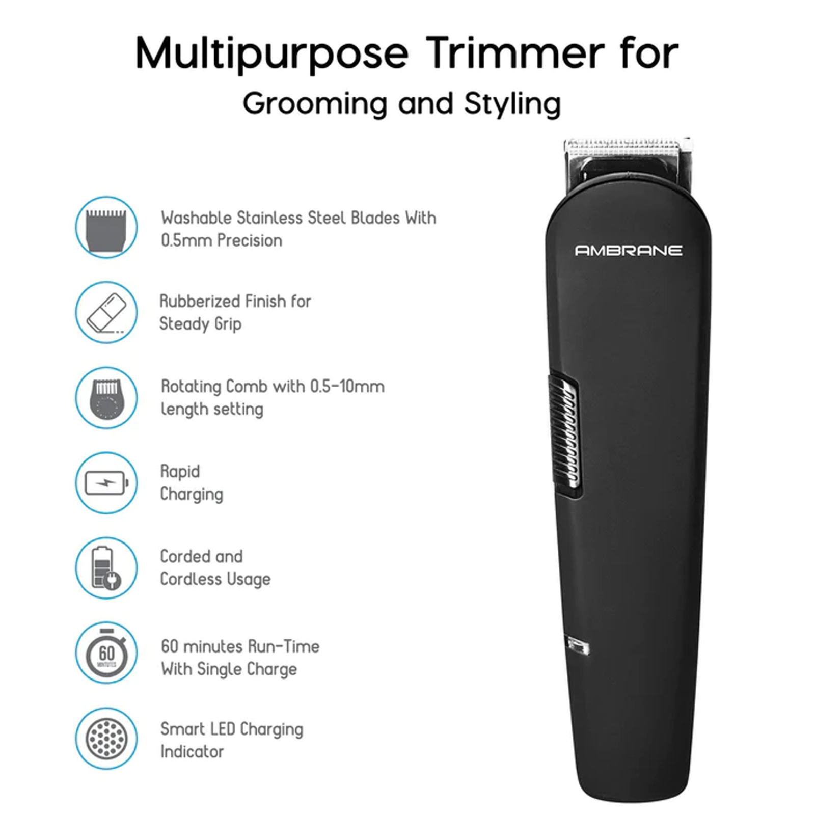 Ambrane Aura-X Stainless Steel Blades Cordless Trimmer (17 Length Settings, FGPC000013, Black)_3