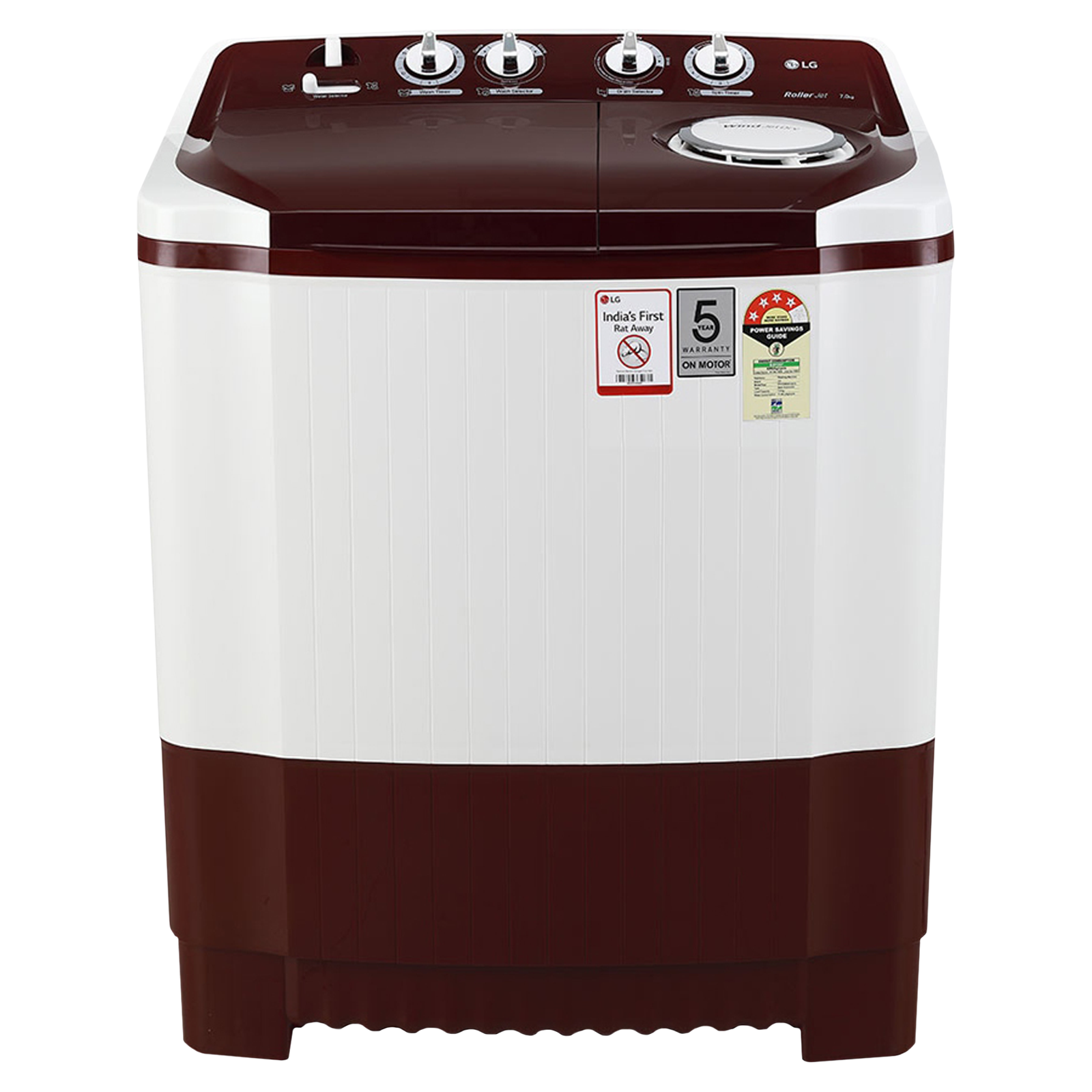 

LG 7 kg 5 Star Semi Automatic Washing Machine with Rat Away Technology (P7010RRAZ.ABGQEIL, Burgundy)