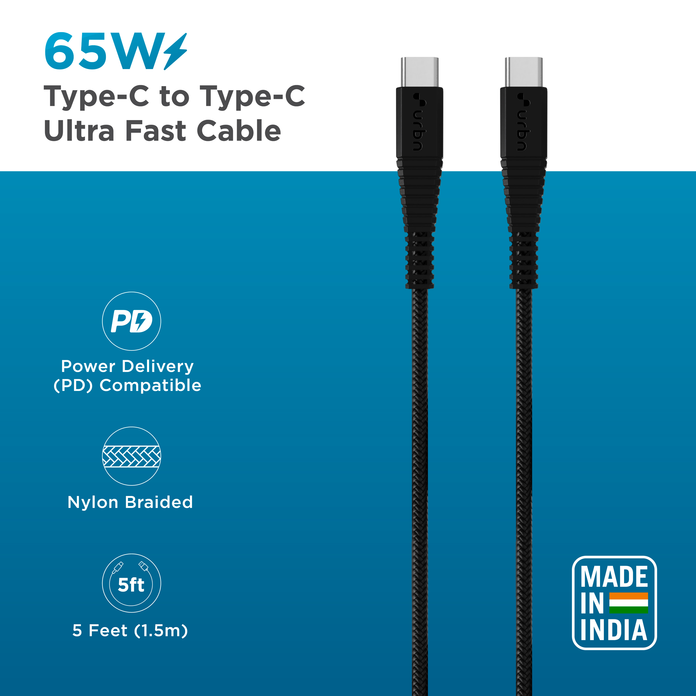 Urbn Nylon Braided 1.5 Meter USB 2.0 (Type-C) to USB 2.0 (Type-C) Power Charging/ Data Transfer USB Cable (480 MBPS Speed, UPC255_BK, Black)_2