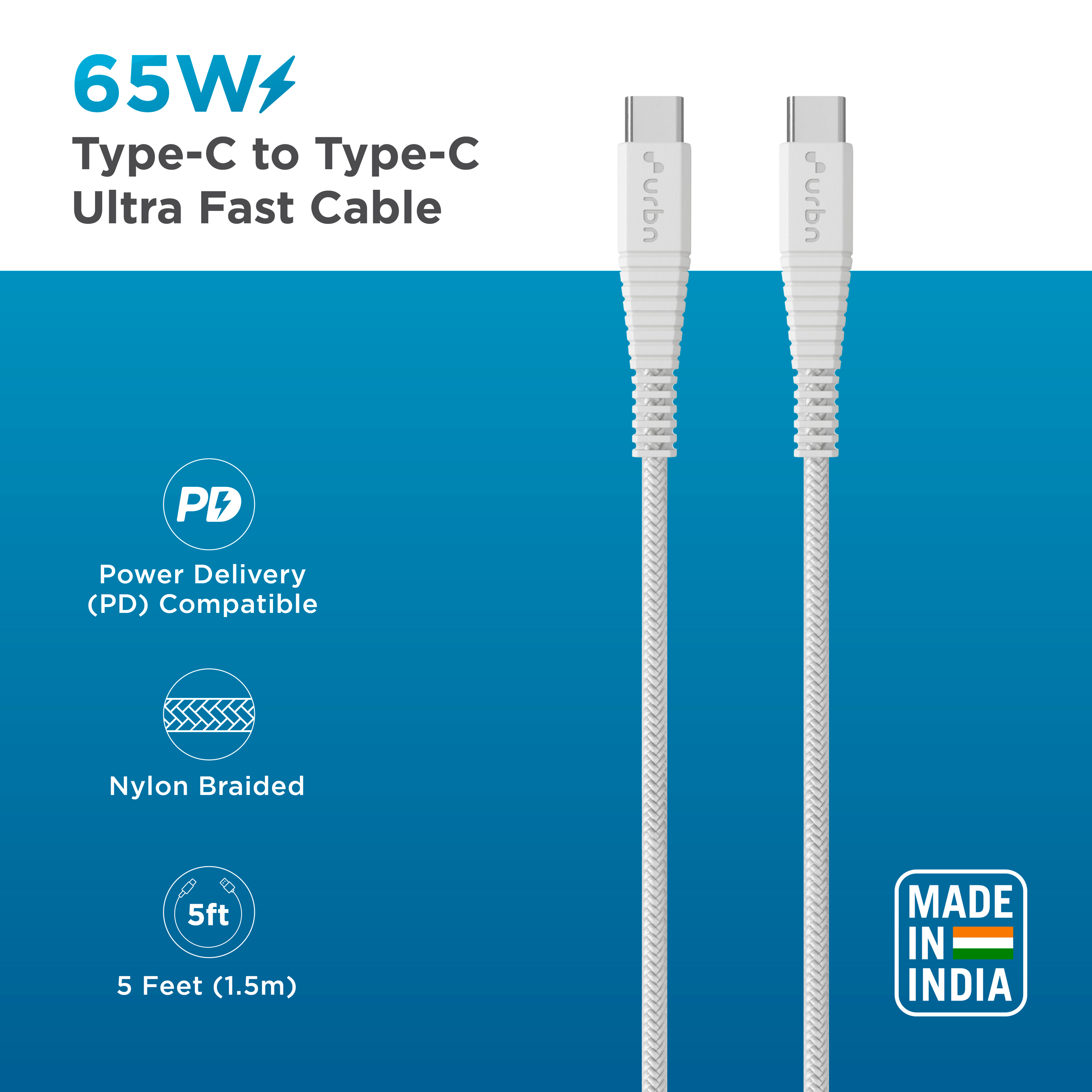 Urbn Nylon Braided 1.5 Meter USB 2.0 (Type-C) to USB 2.0 (Type-C) Power Charging/ Data Transfer USB Cable (480 MBPS Speed, UPC255_WH, White)_2