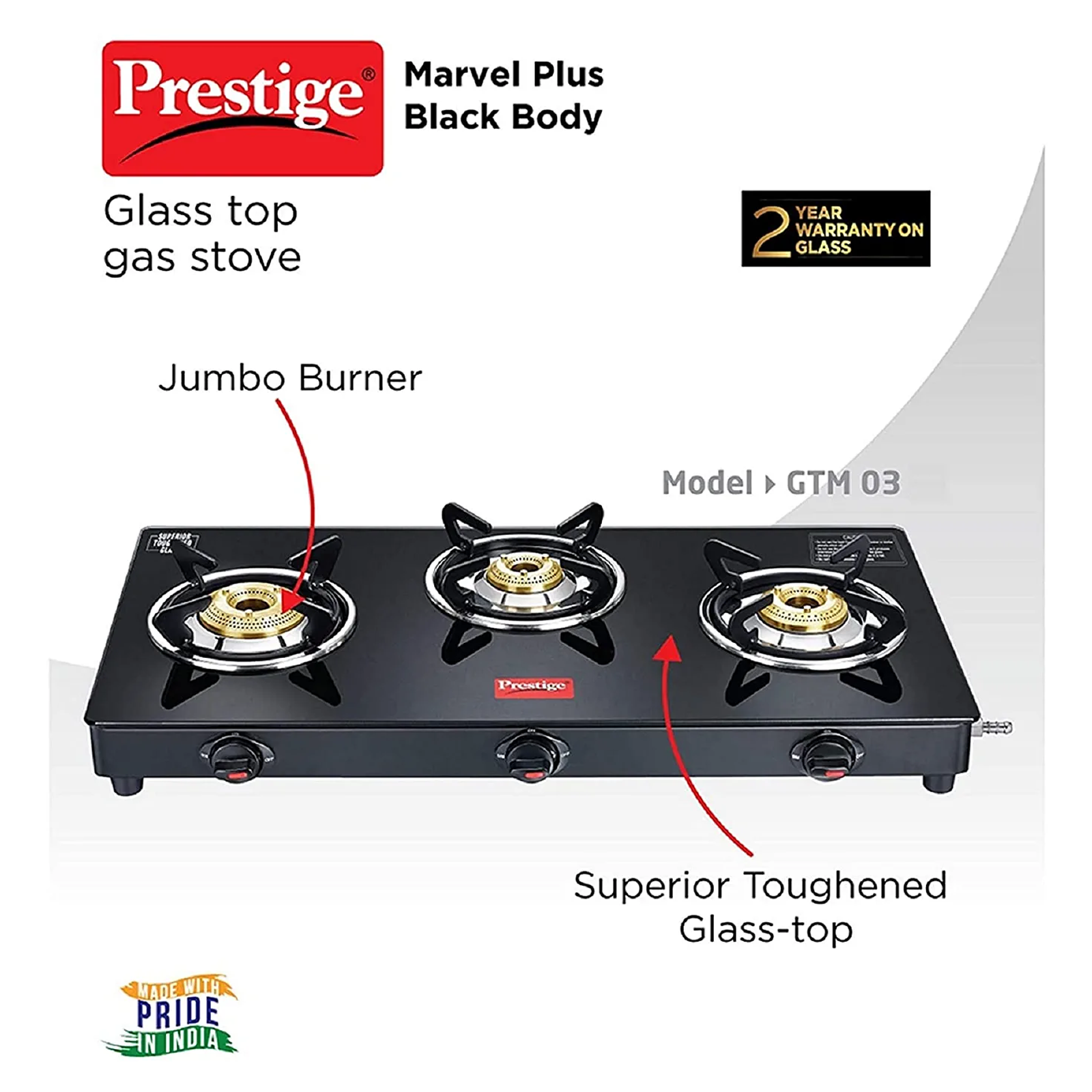 Prestige Marvel Plus GTM 03 3 Burner Toughened Glass Top Gas Stove (Spill Proof Design with Additional Drip Tray, 40189, Black)_2
