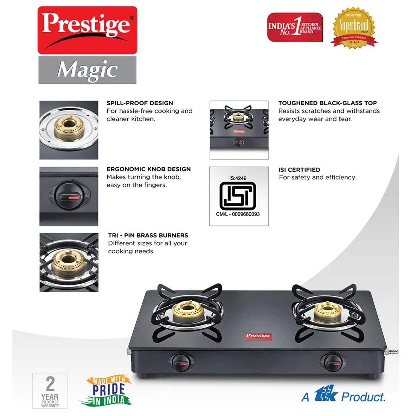 Prestige Magic 2 Burner Toughened Glass Gas Stove (Spill Proof Design, 40088, Black)_4
