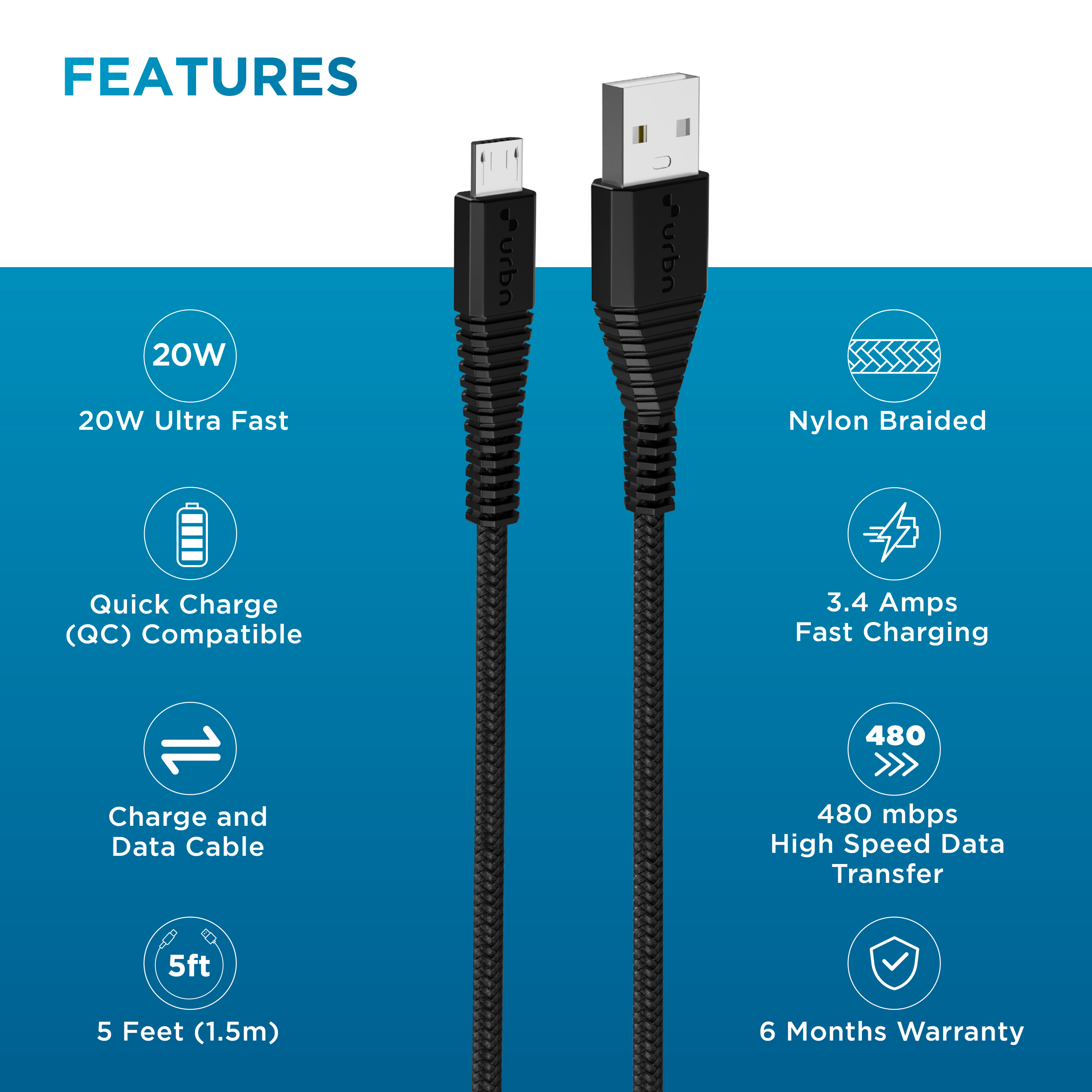 Urbn Type-A to Micro USB Type-B 5 Feet (1.5M) Cable (Nylon Braided, Black)_4