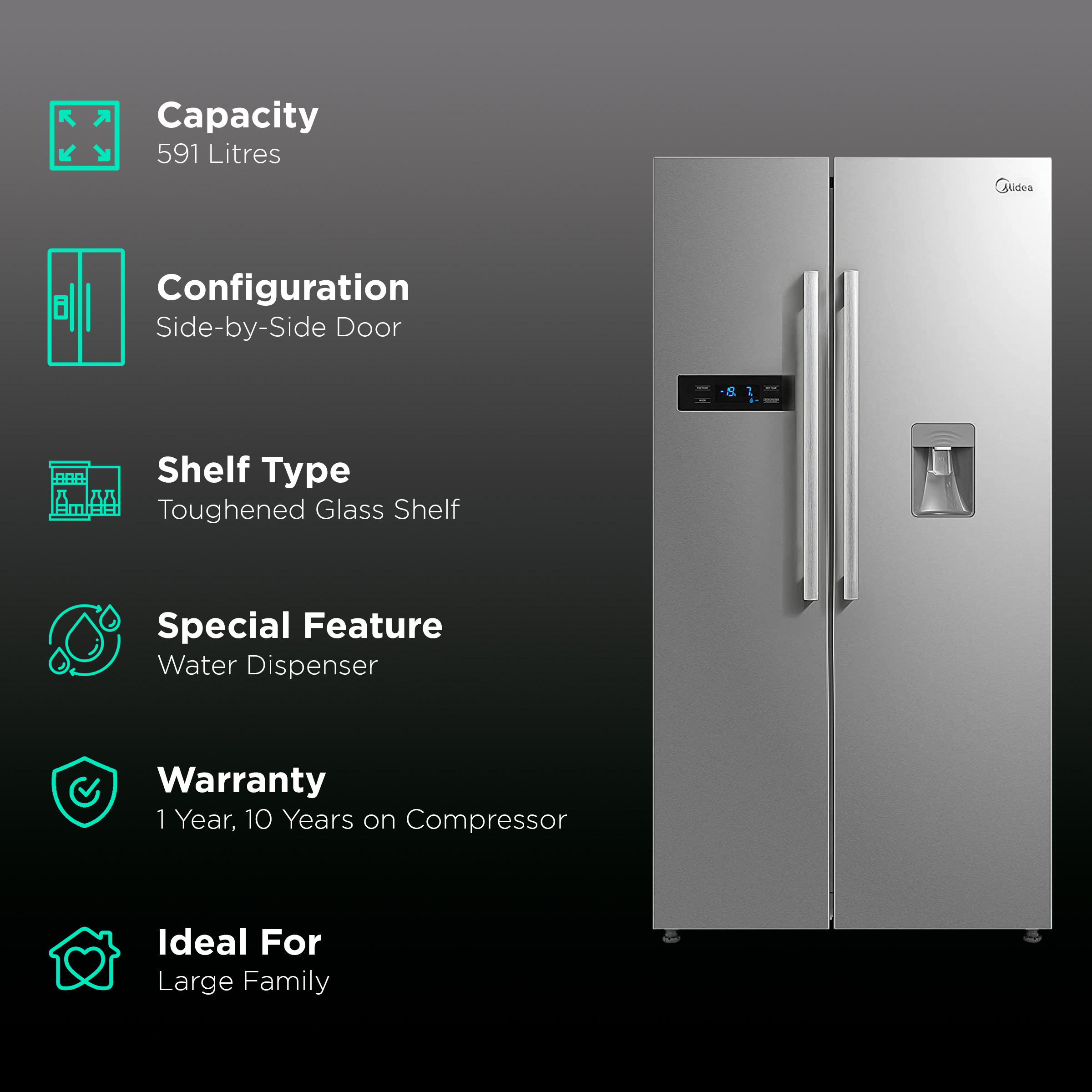 Midea 26.3-cu ft Side-by-Side Refrigerator with Ice Maker (Stainless Steel)  in the Side-by-Side Refrigerators department at