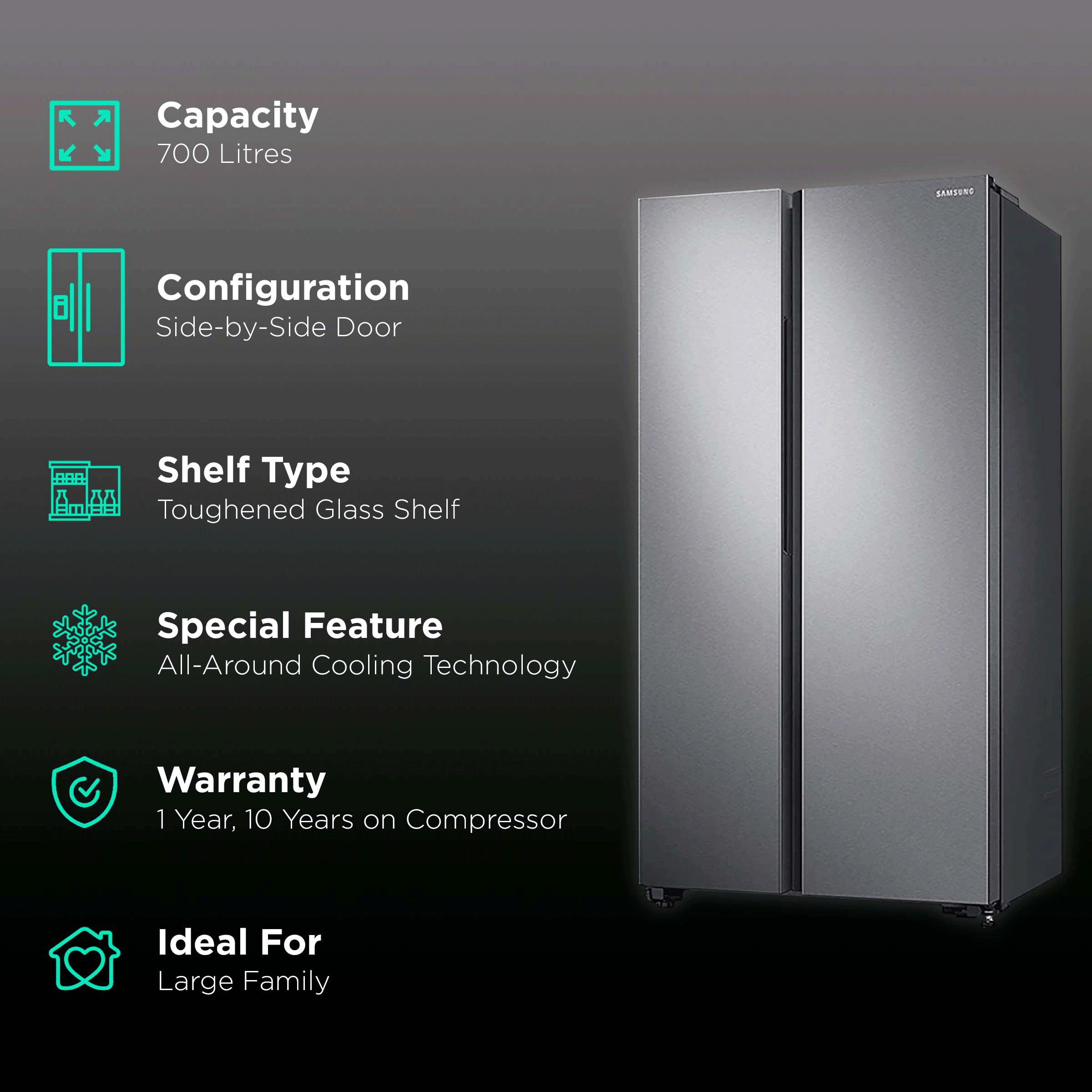 SAMSUNG 700 Litres Frost Free Side by Side Refrigerator with SpaceMax Technology (RS72R5011SL/TL, Real Stainless)_2